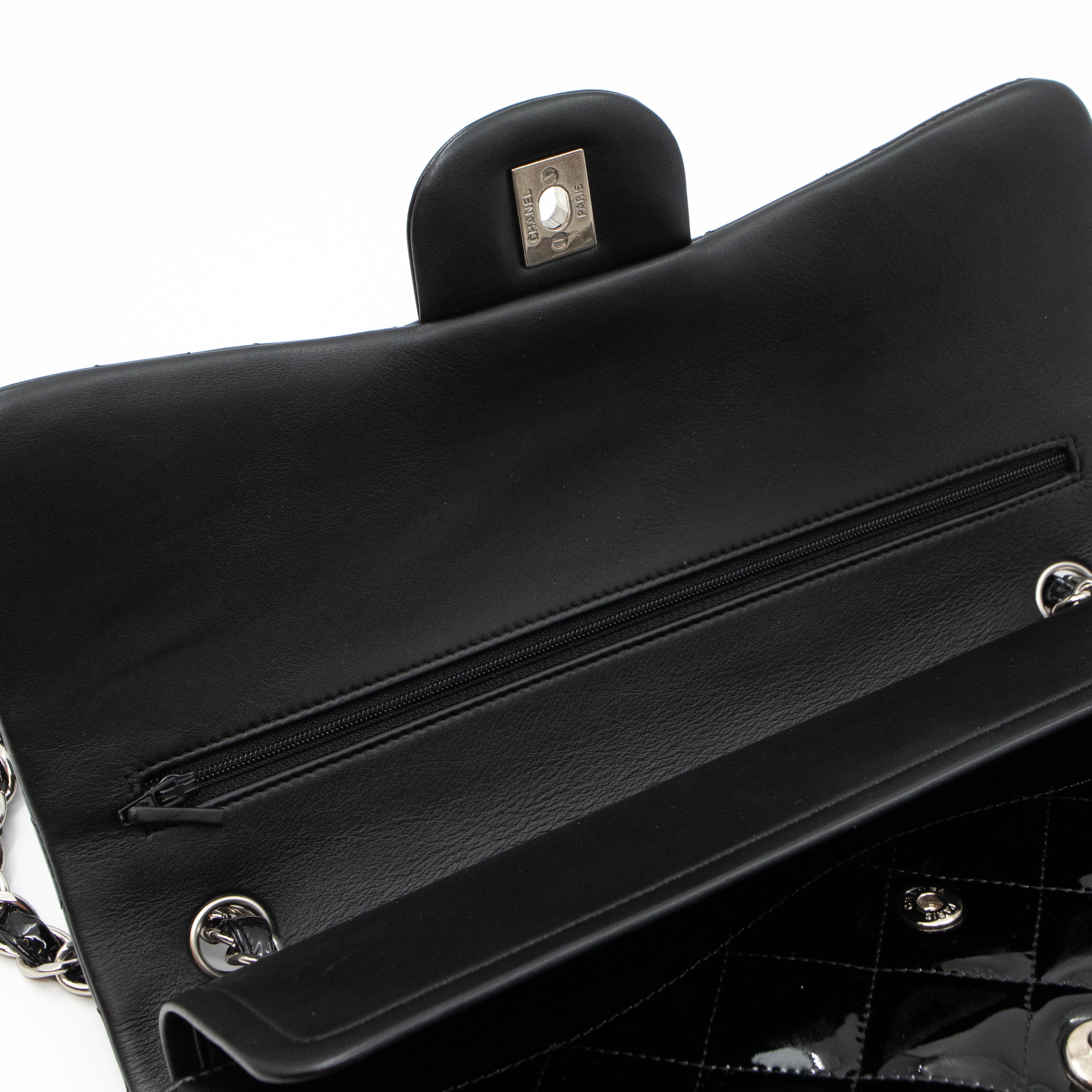 Classic Double Flap Jumbo Black Patent Silver