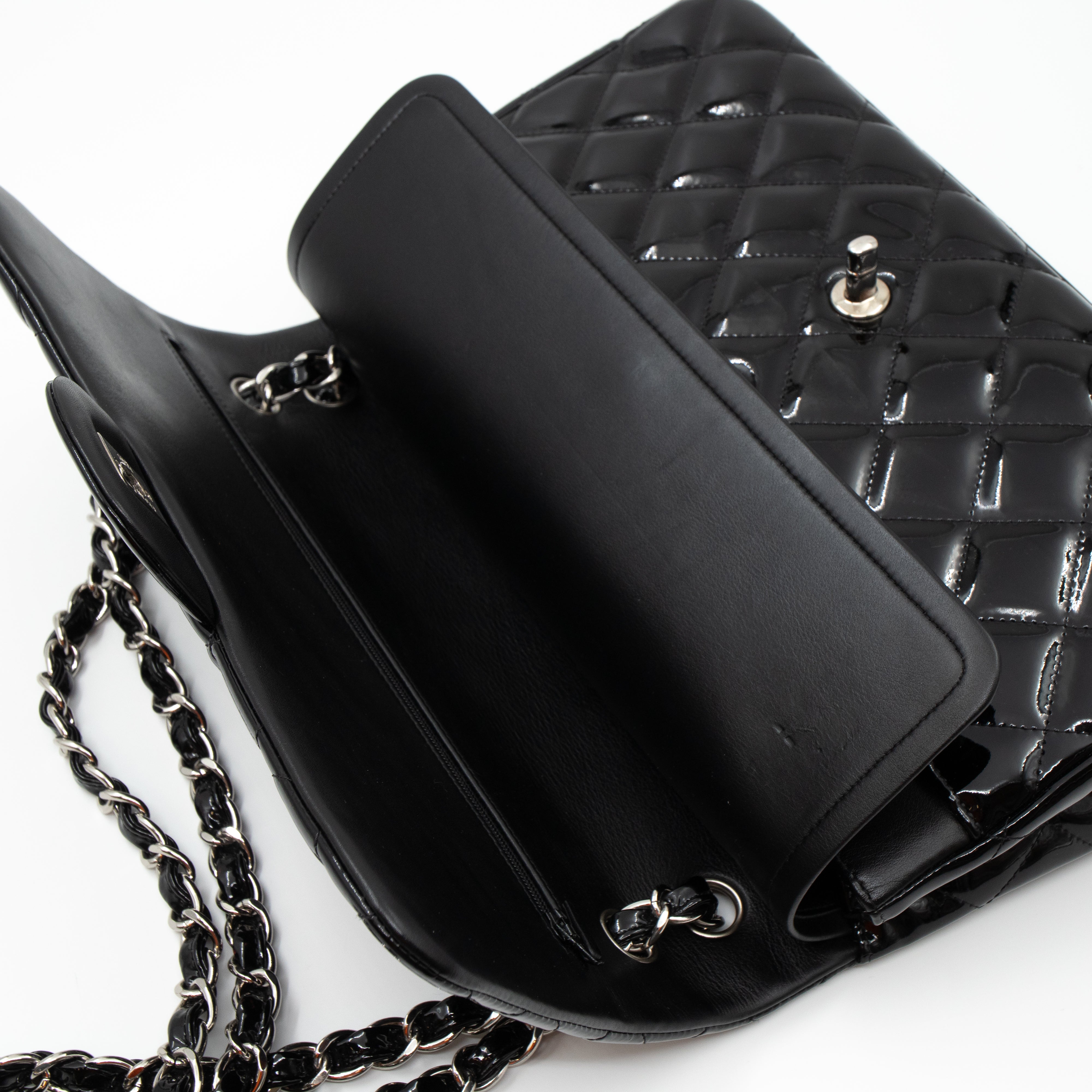 Classic Double Flap Jumbo Black Patent Silver