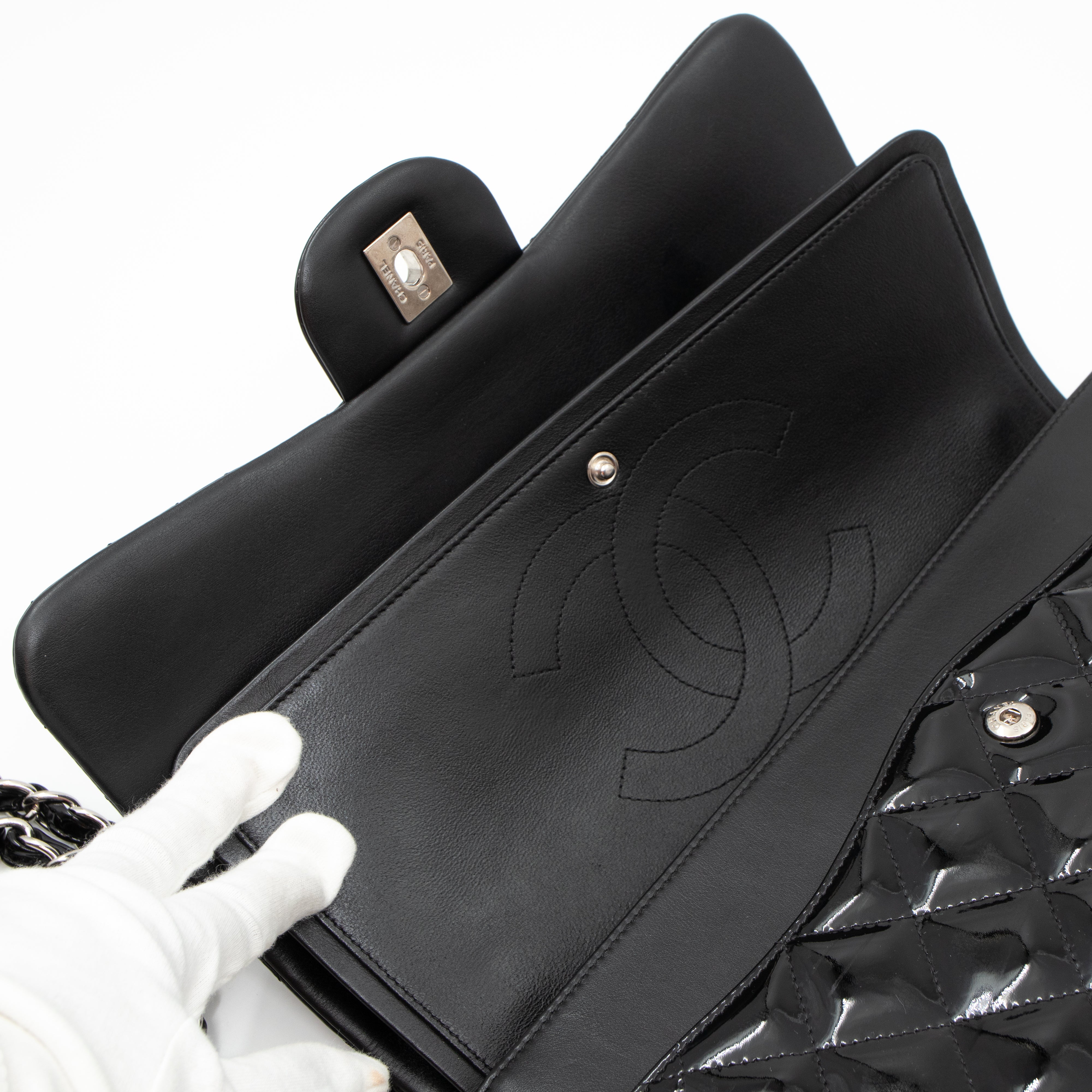Classic Double Flap Jumbo Black Patent Silver