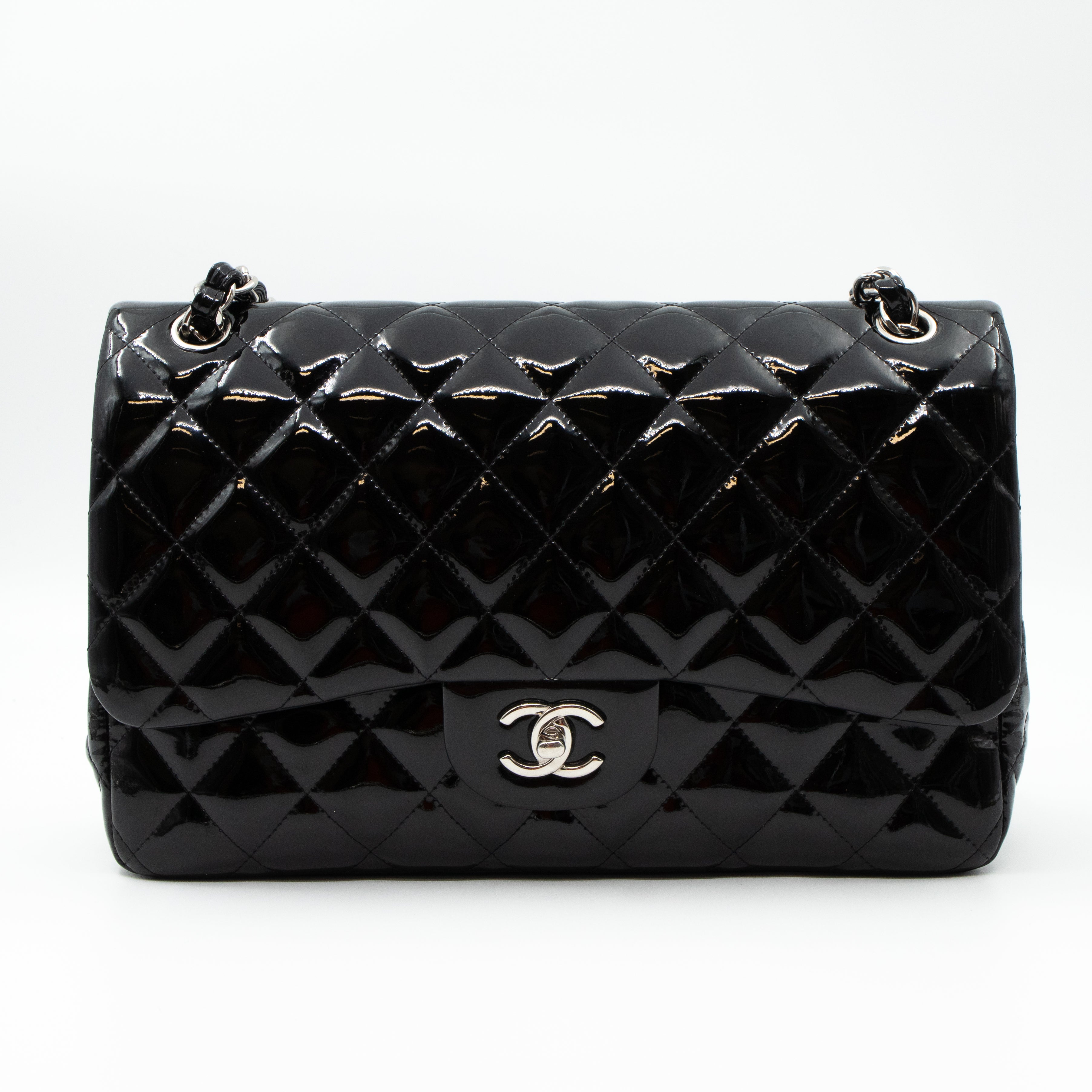 Classic Double Flap Jumbo Black Patent Silver