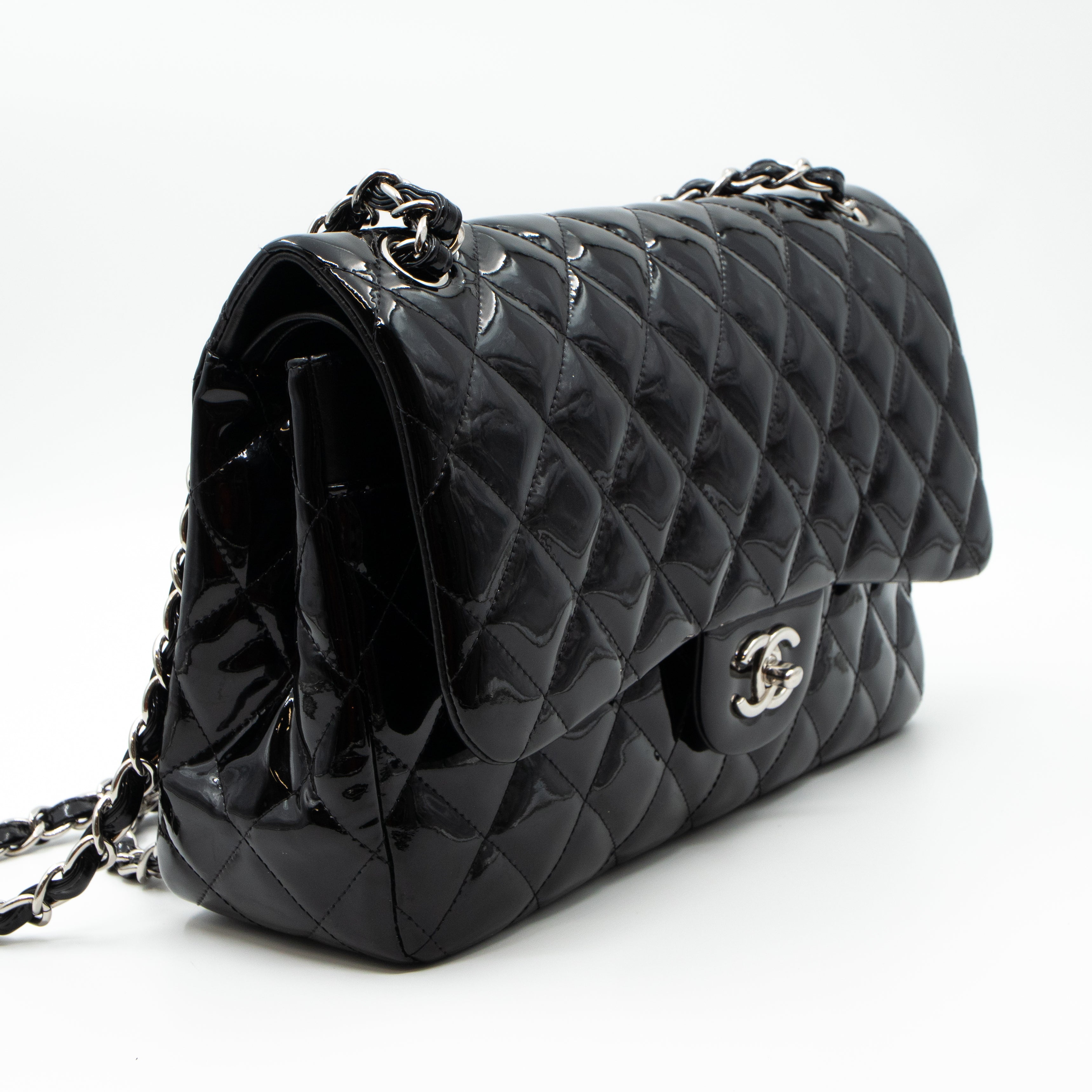 Classic Double Flap Jumbo Black Patent Silver