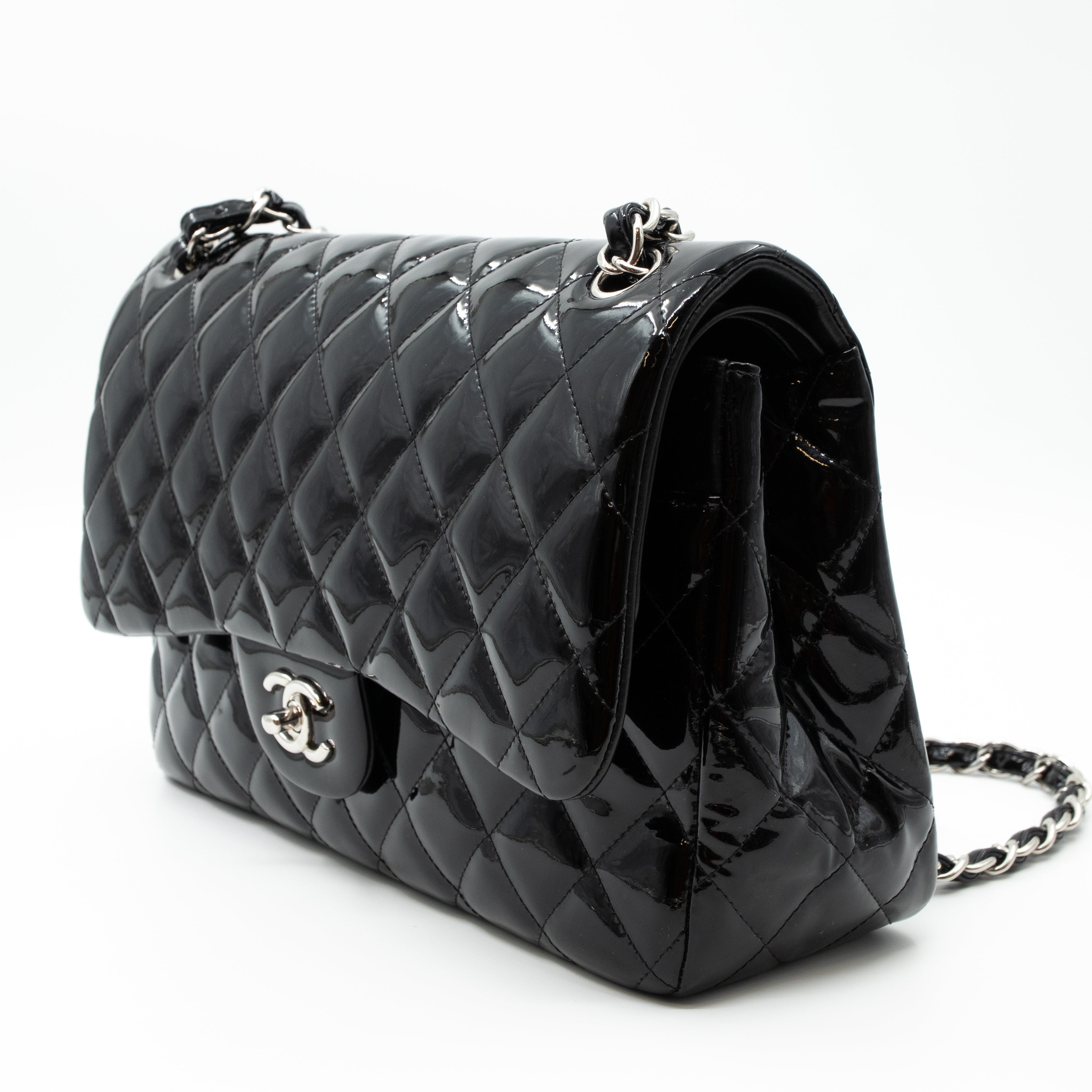 Classic Double Flap Jumbo Black Patent Silver