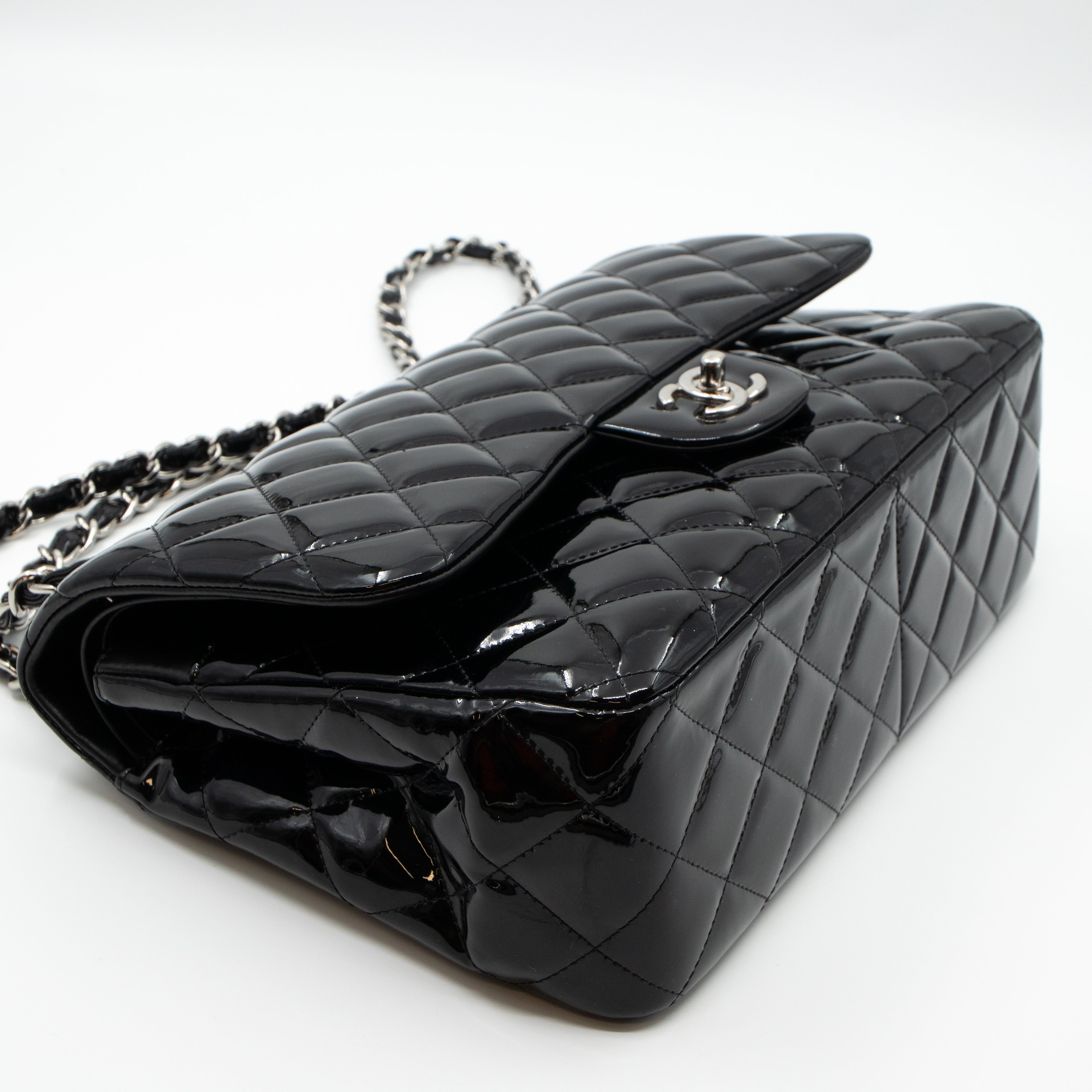 Classic Double Flap Jumbo Black Patent Silver