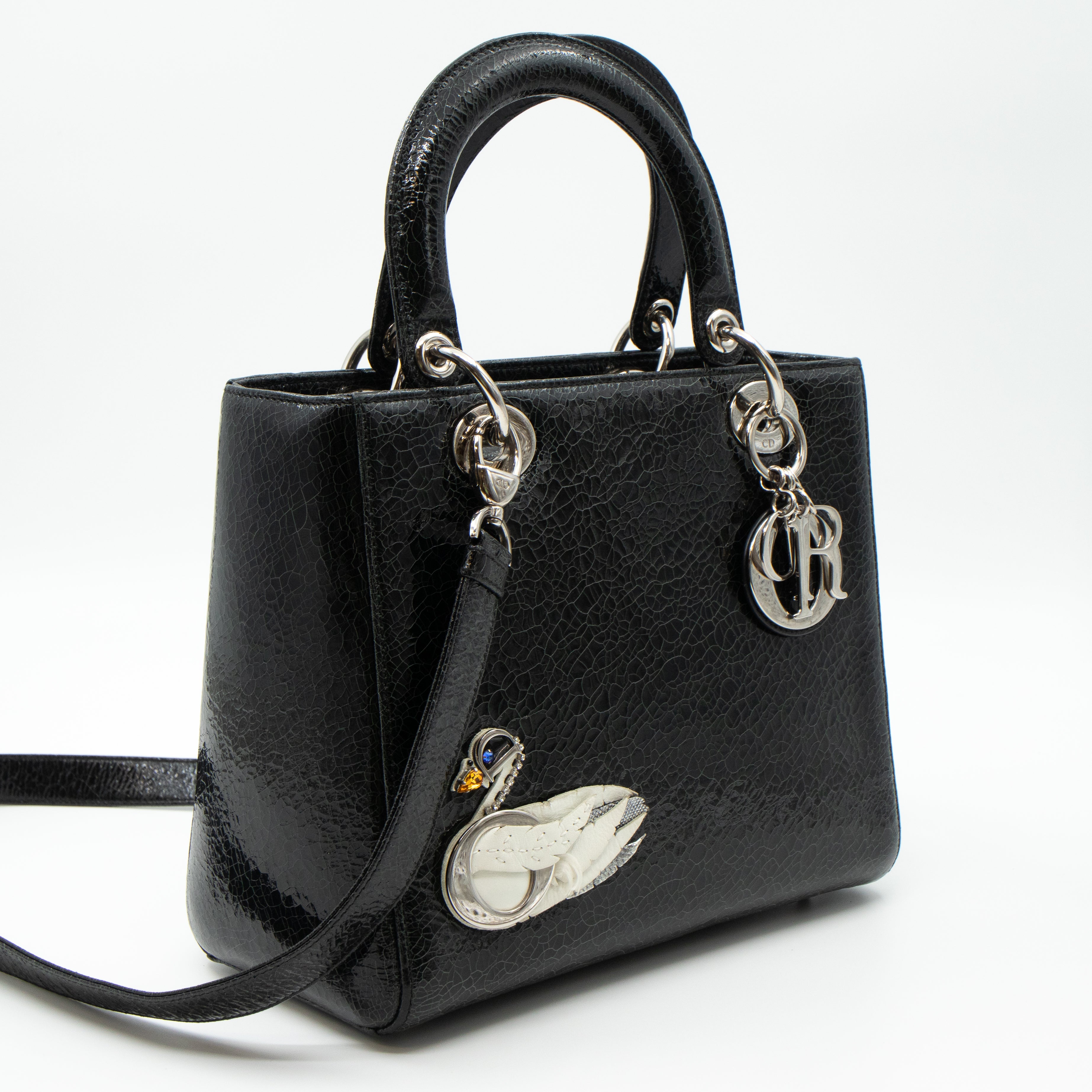 Lady Dior Medium Jeweled Swan Black Leather