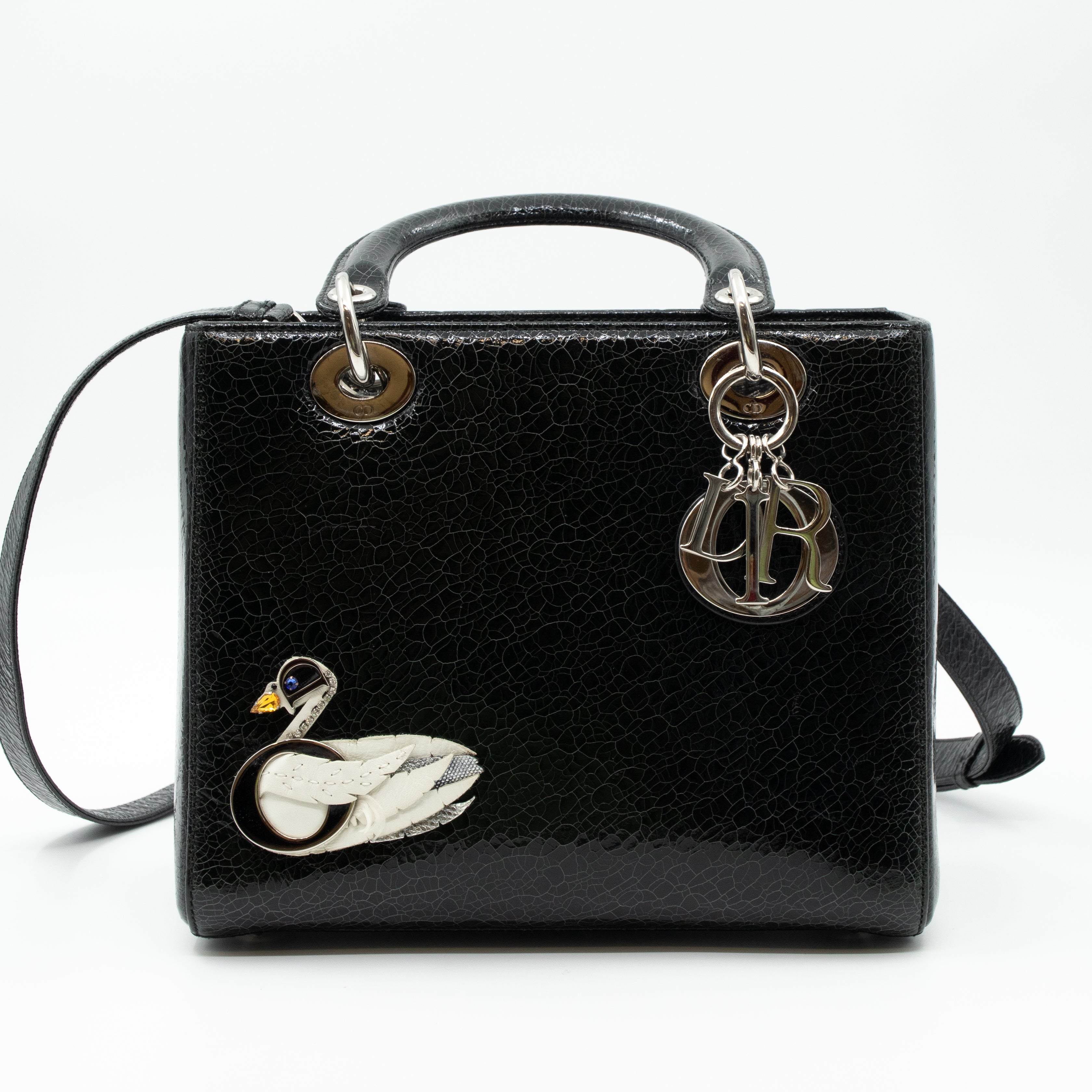 Lady Dior Medium Jeweled Swan Black Leather