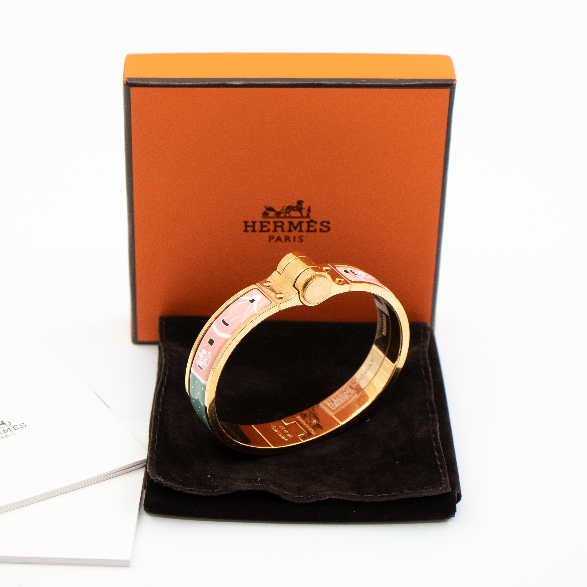 Hermes Enamel Hinged Bracelet Gold Pink Green – Queen Station