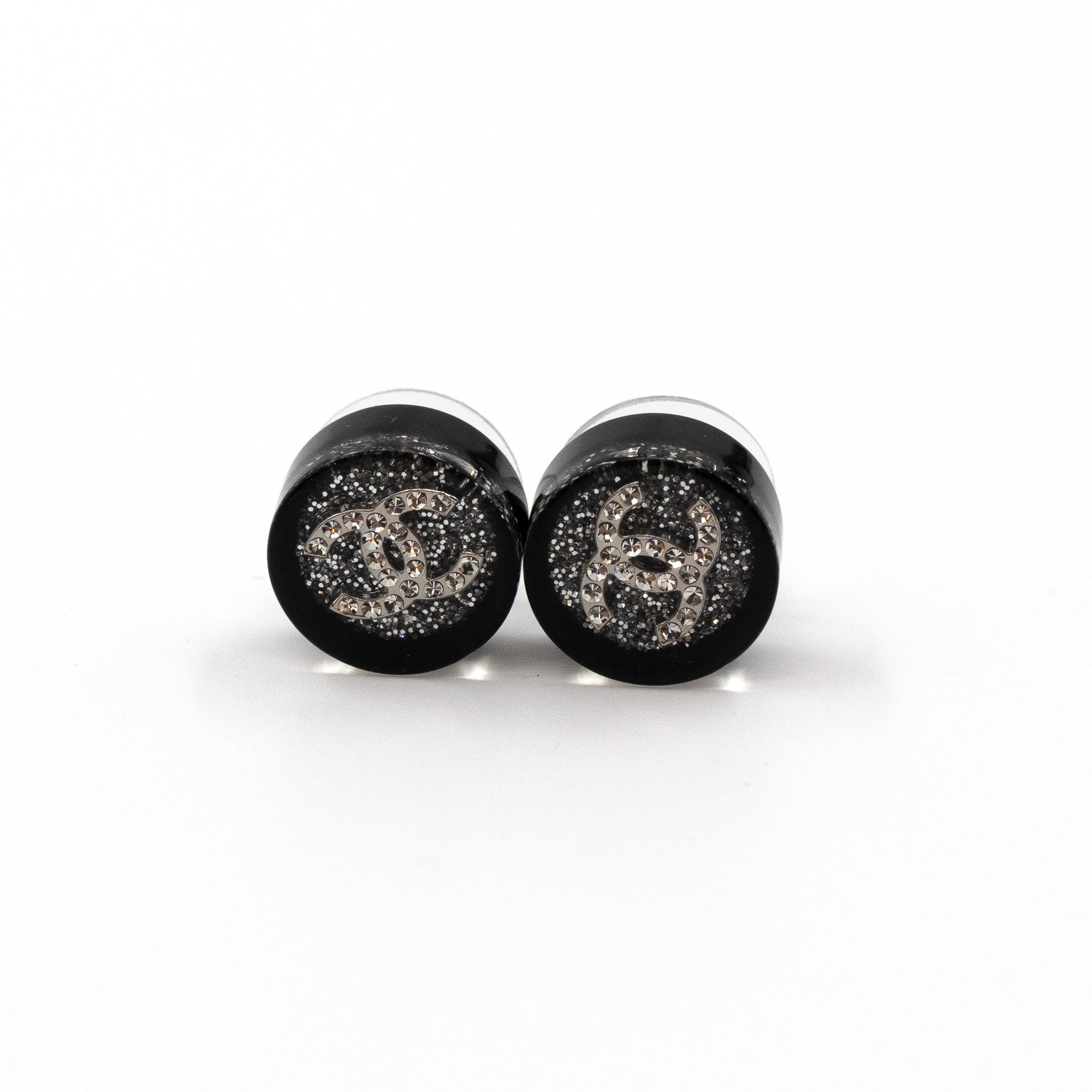 CC Round Earrings Black Crystal