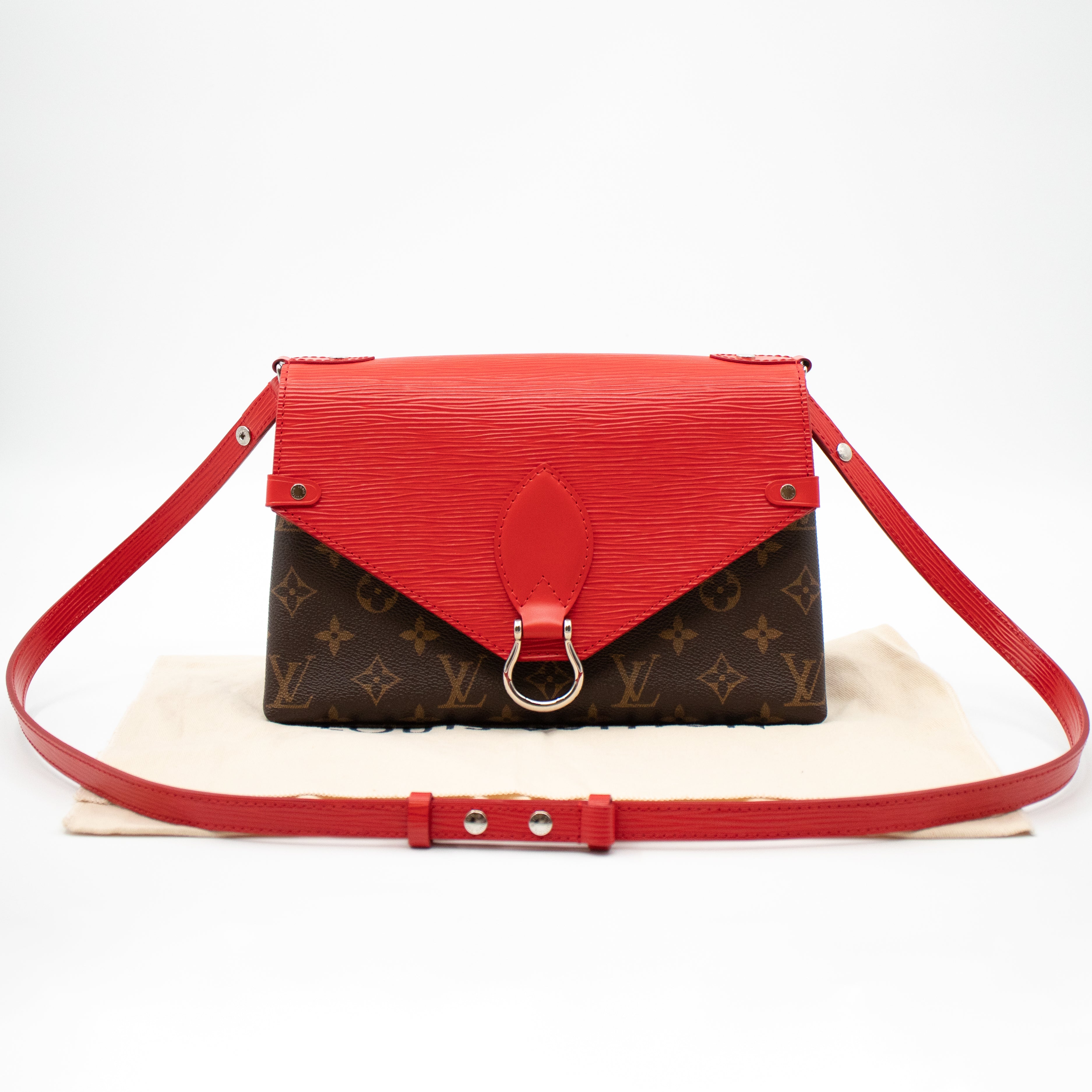 Louis Vuitton Saint Michel Handbag in Brown Monogram Canvas and Red