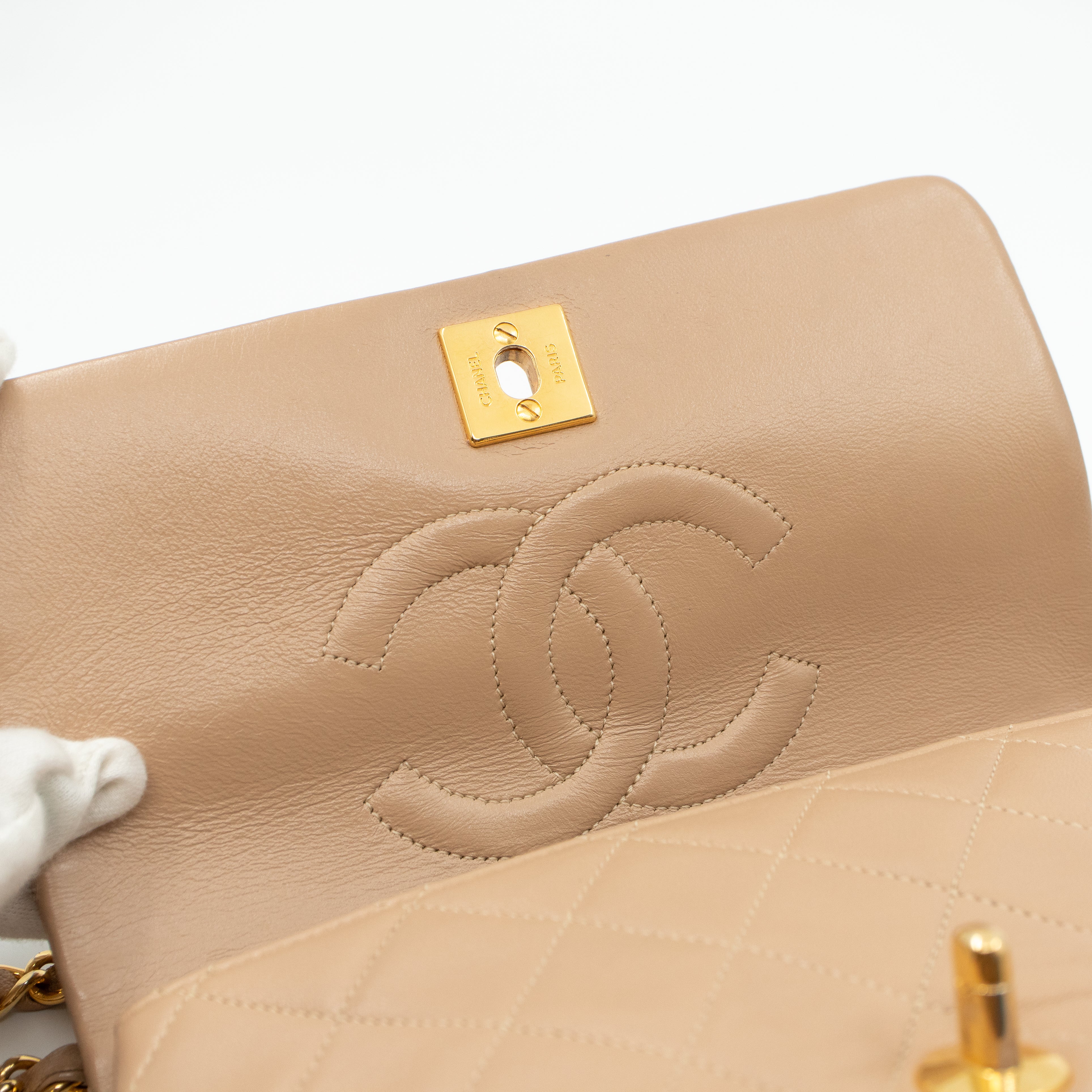 Classic Full Flap Bag Mini Beige Leather