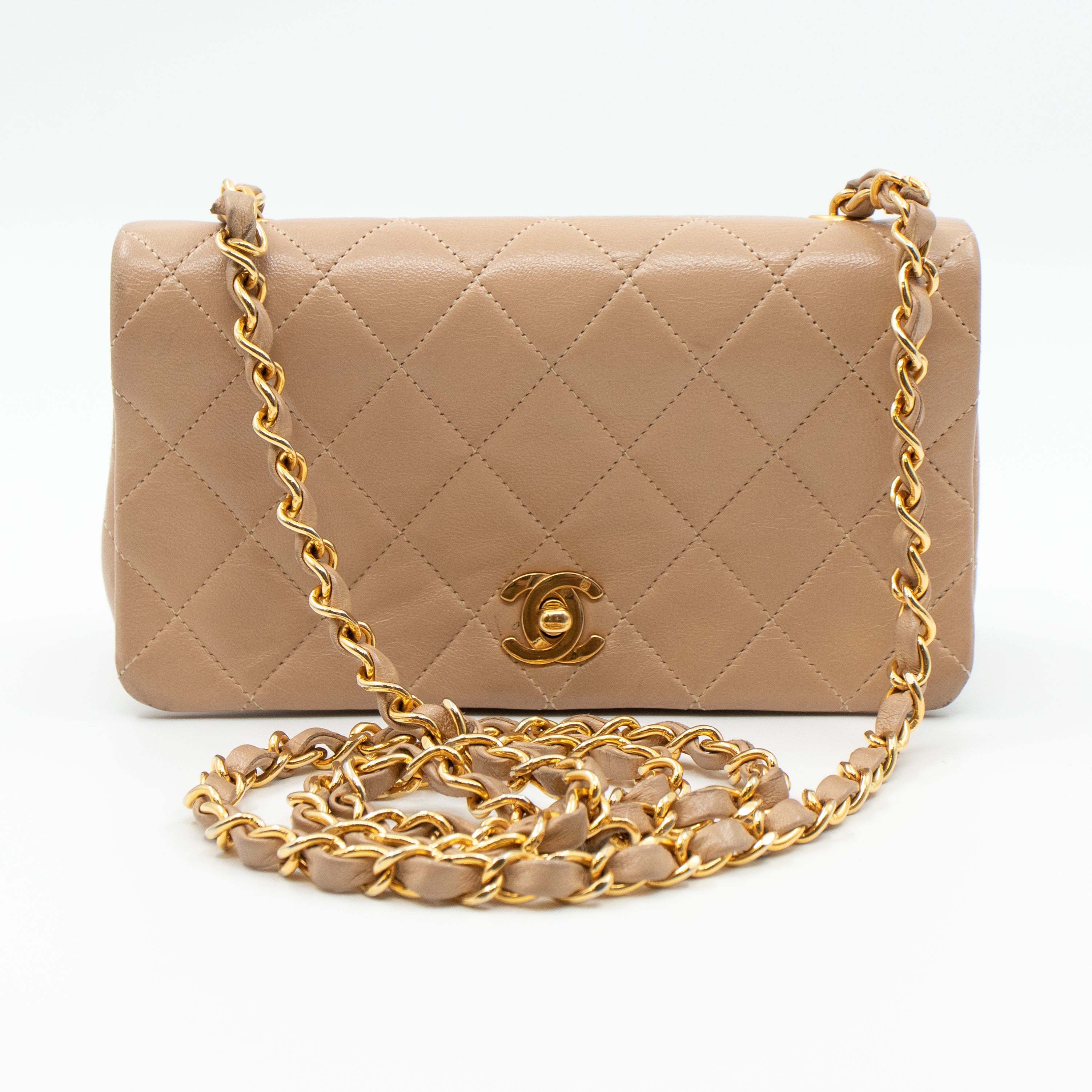 Classic Full Flap Bag Mini Beige Leather
