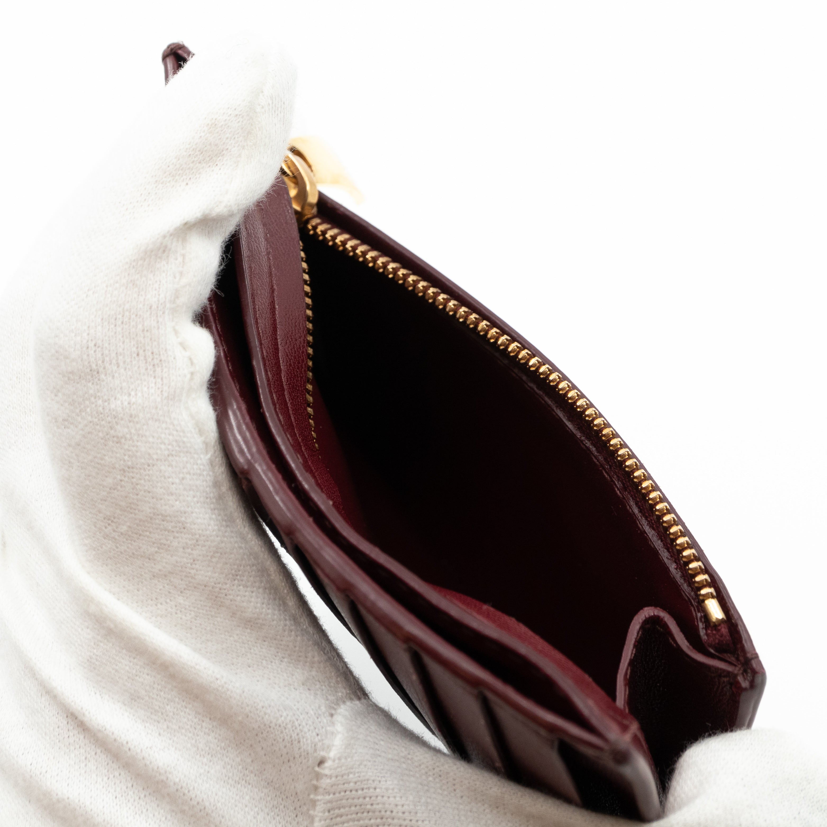 Zipped Card Case Intrecciato Leather Burgundy