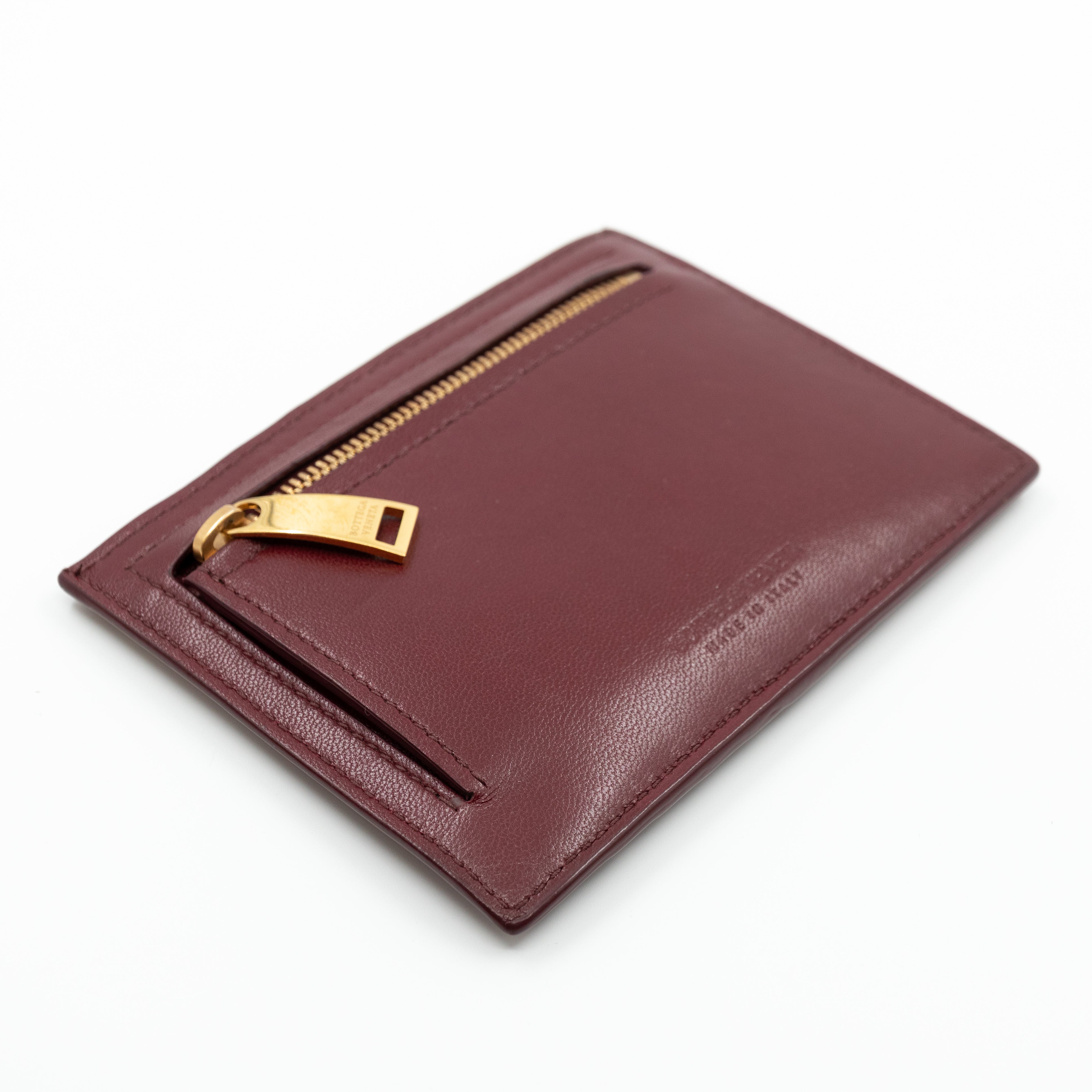 Zipped Card Case Intrecciato Leather Burgundy