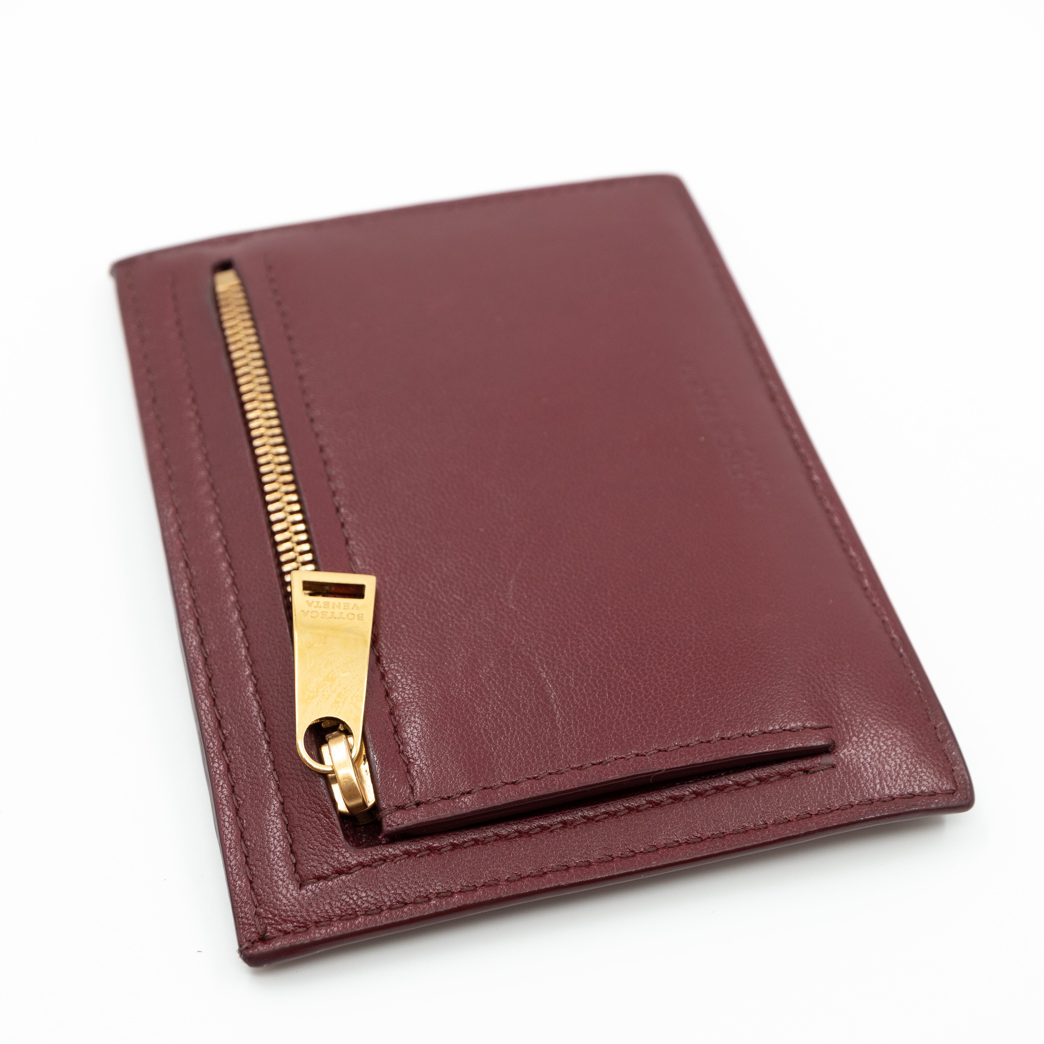 Zipped Card Case Intrecciato Leather Burgundy