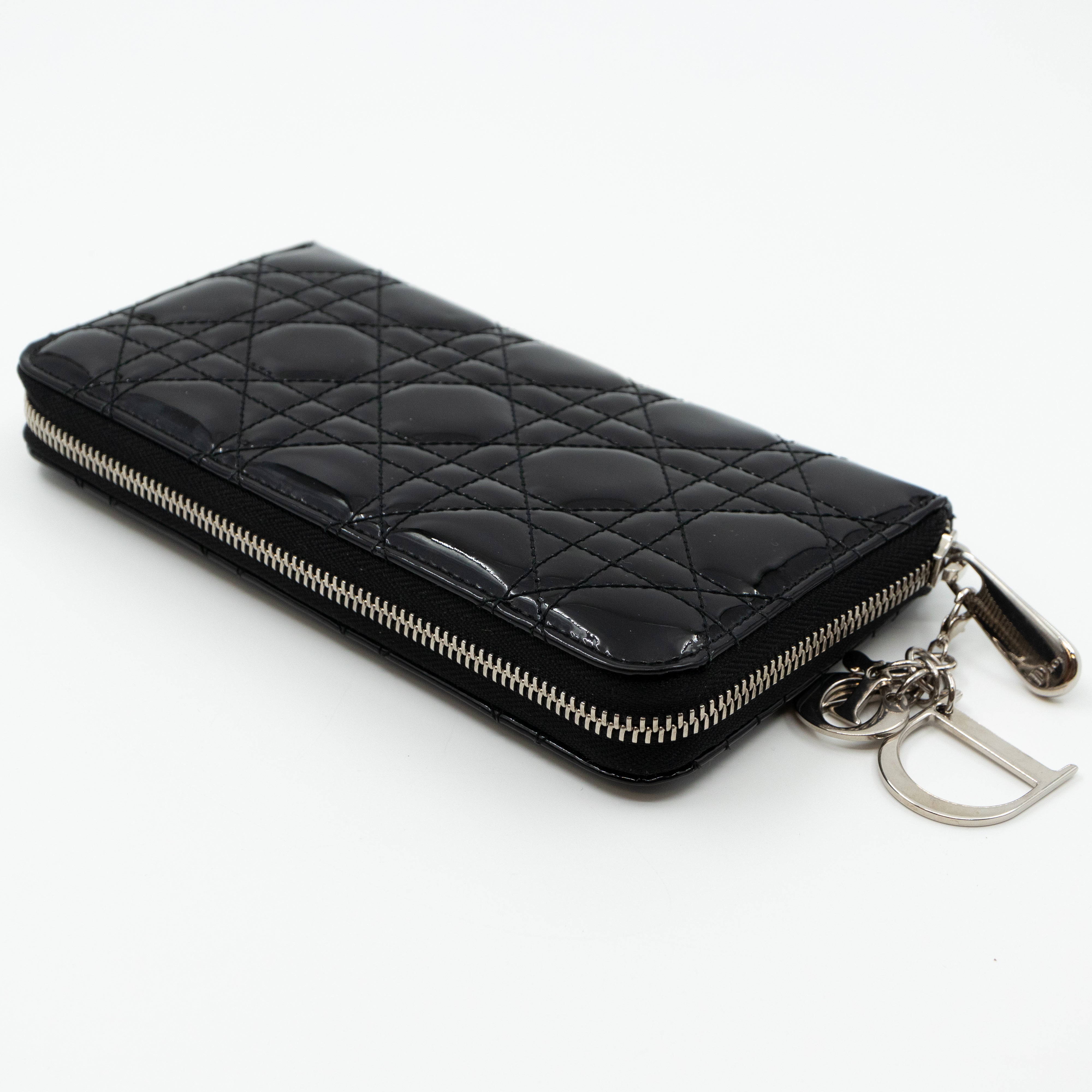 Lady Dior Voyageur Wallet Black Patent Leather