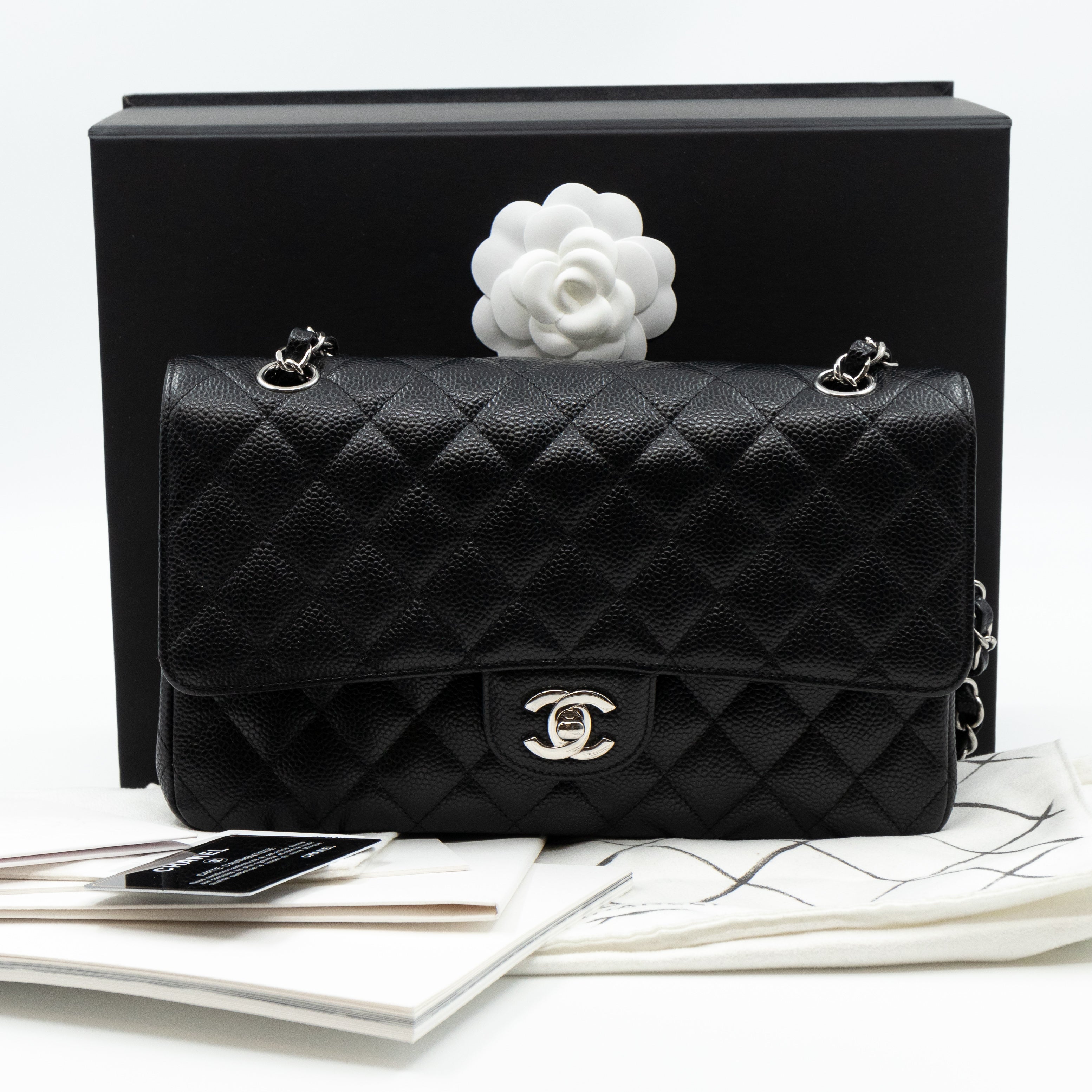 Chanel Classic Double Flap Quilted Caviar Silver-tone Medium Black