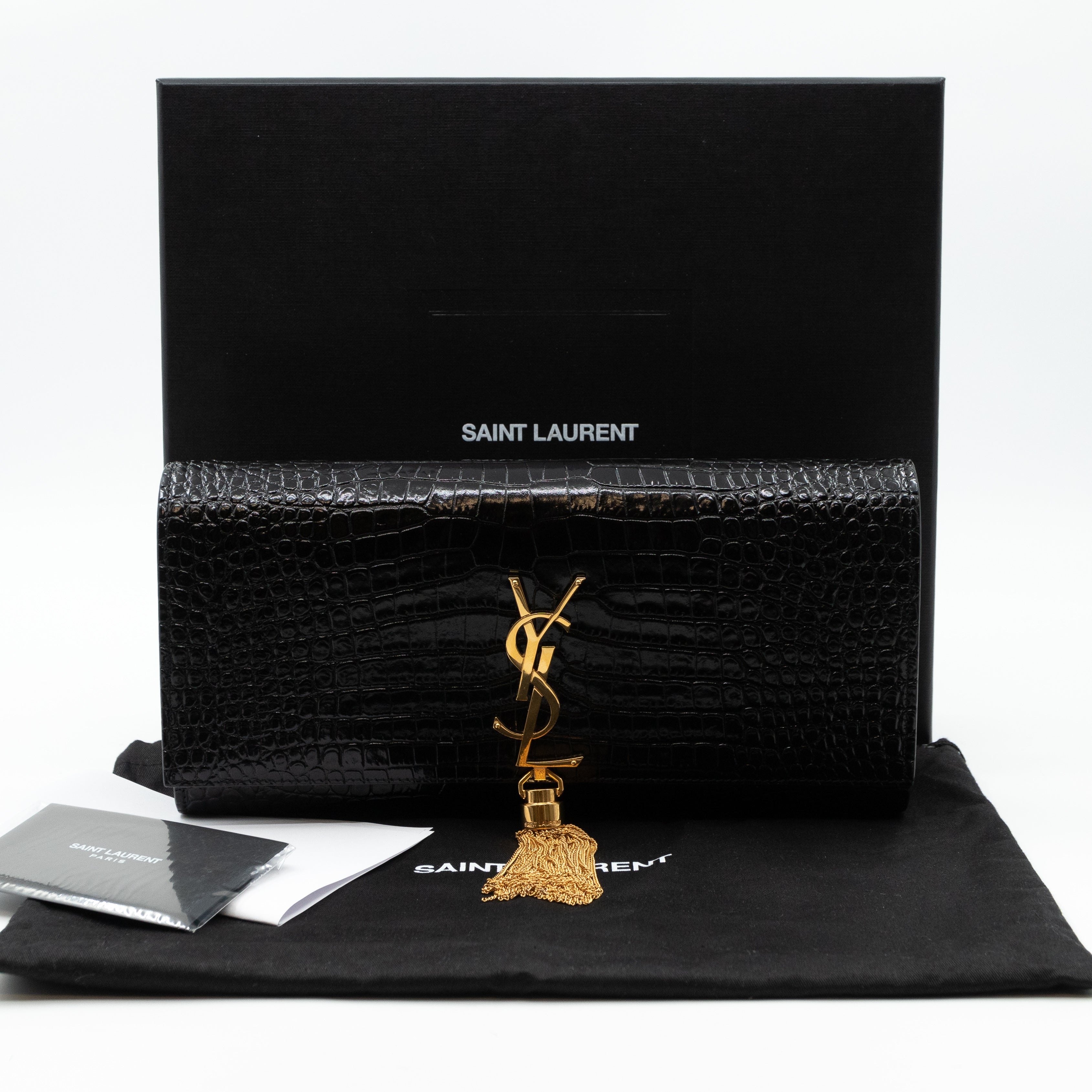 Kate Clutch Tassel Croc Embossed Black Leather