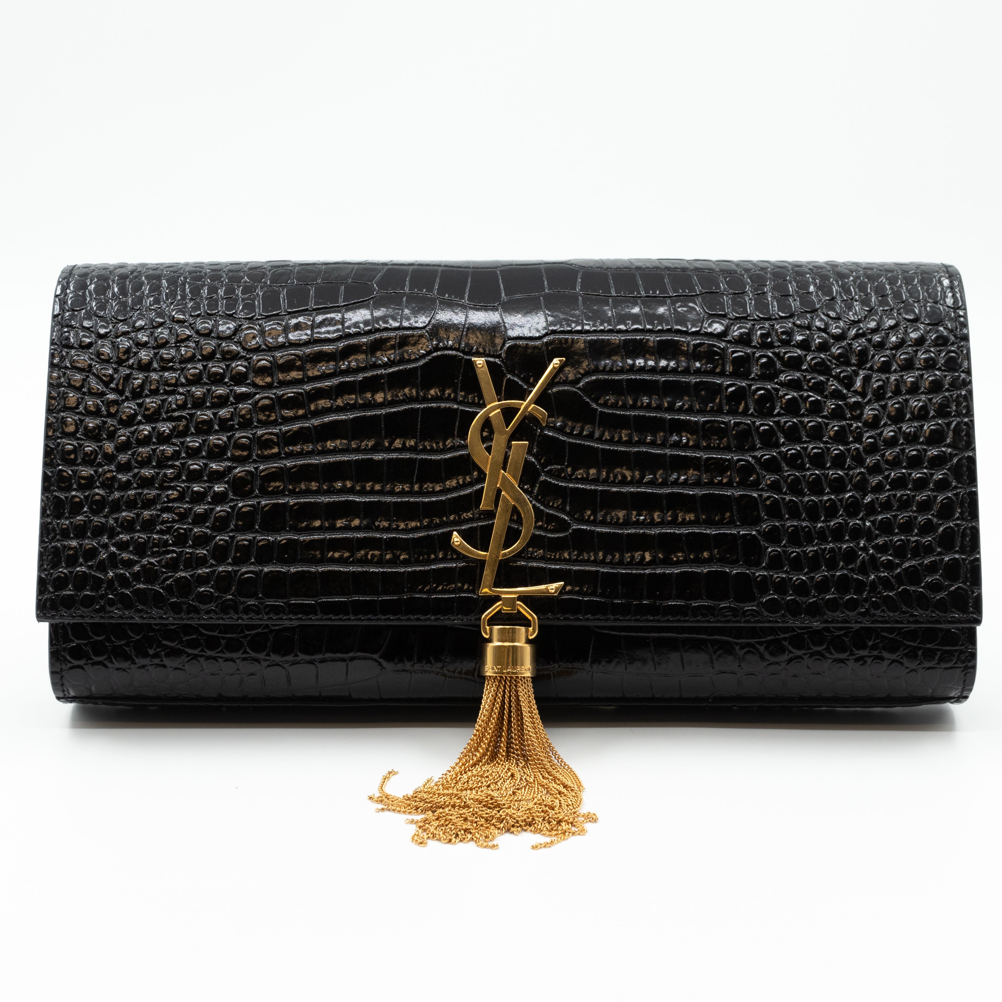 Kate Clutch Tassel Croc Embossed Black Leather