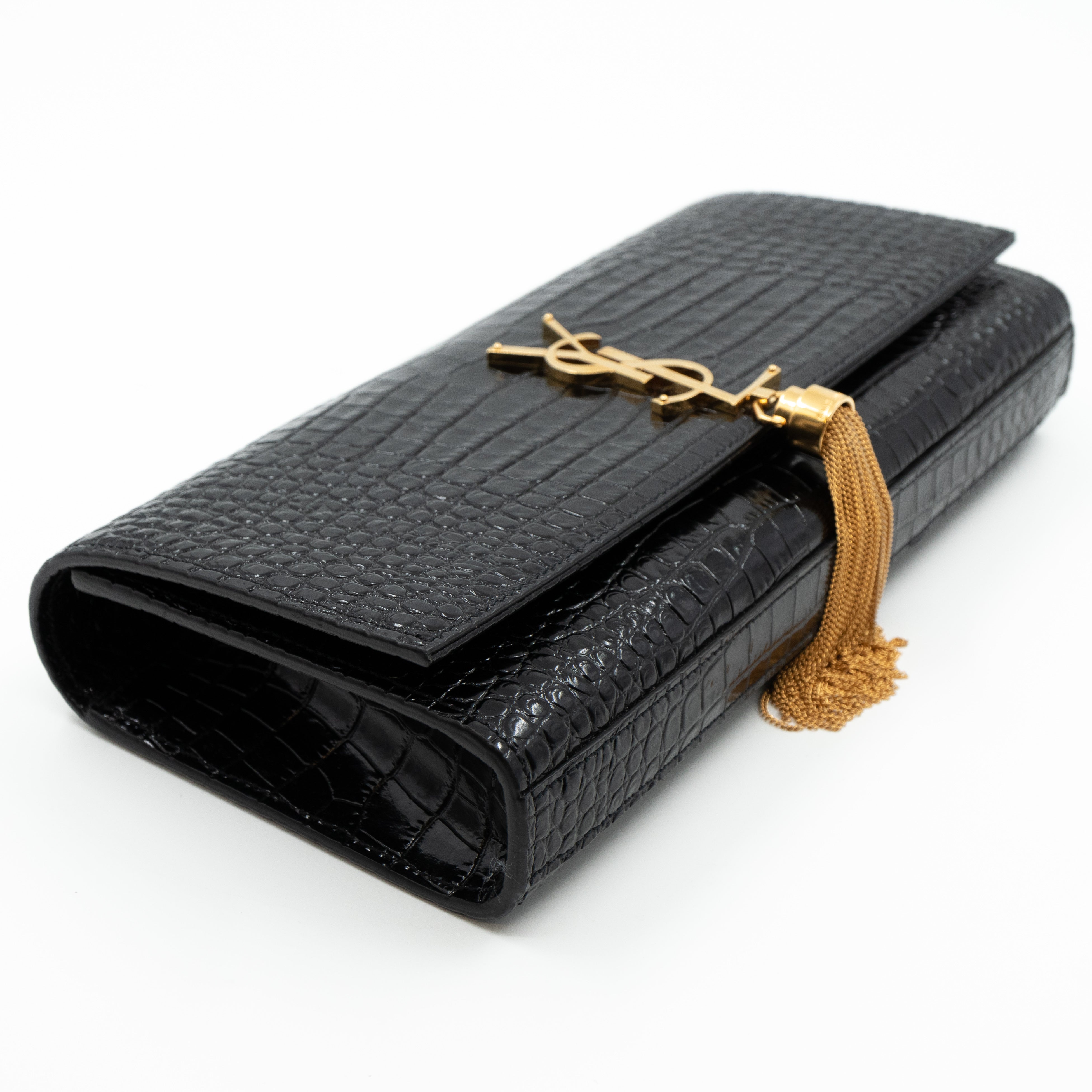 Kate Clutch Tassel Croc Embossed Black Leather