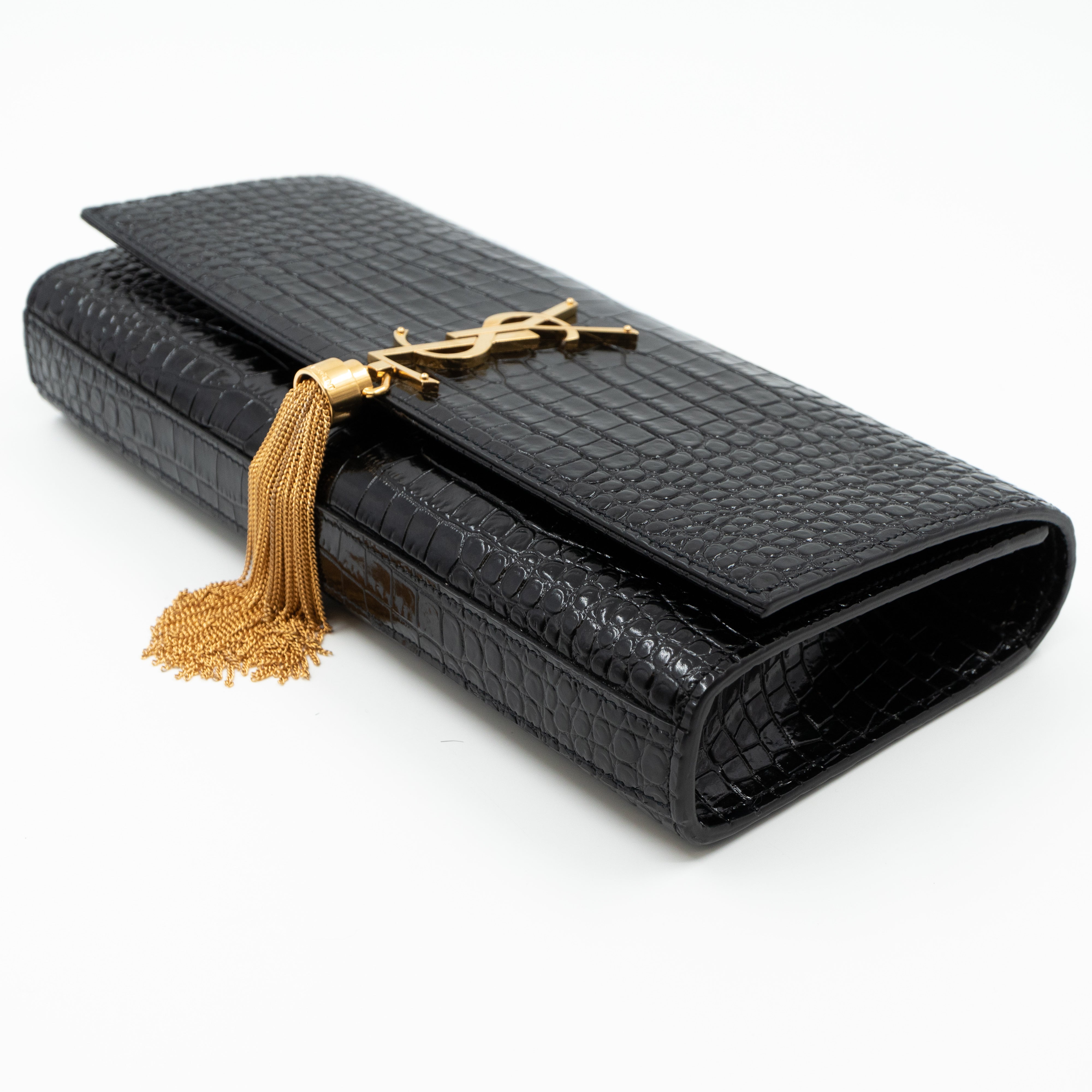Kate Clutch Tassel Croc Embossed Black Leather