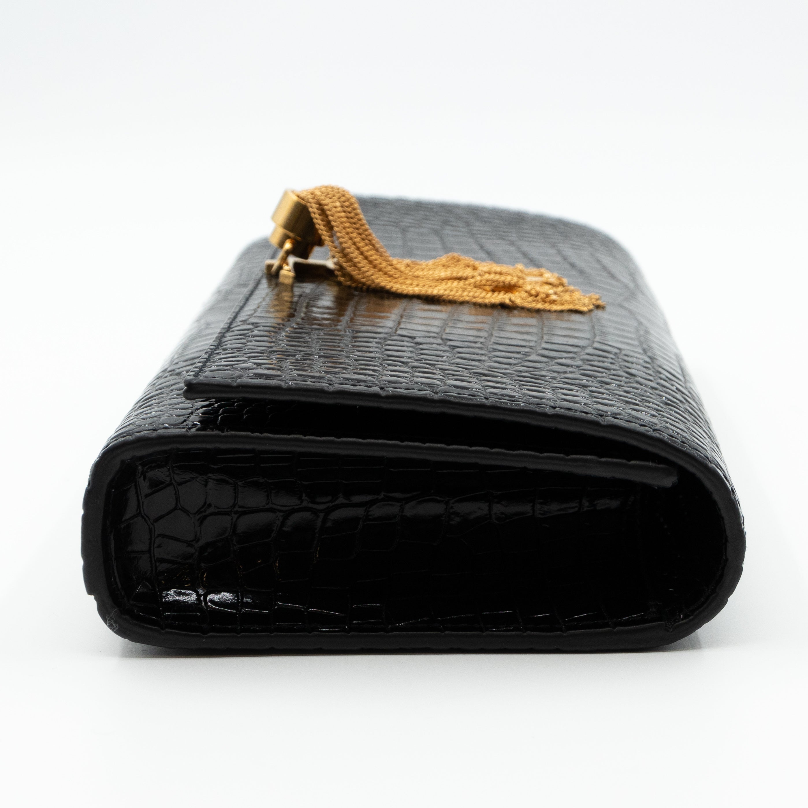Kate Clutch Tassel Croc Embossed Black Leather