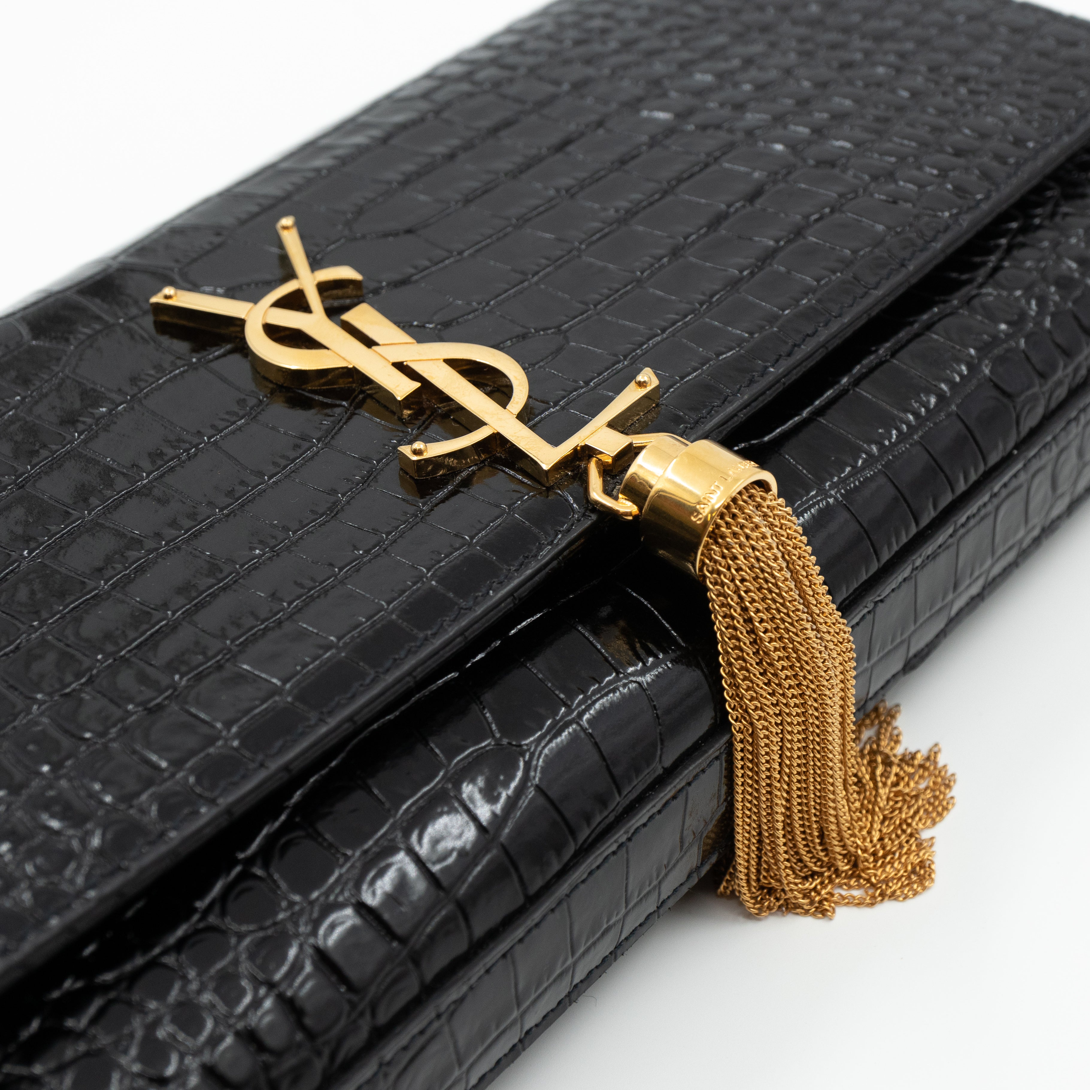 Kate Clutch Tassel Croc Embossed Black Leather