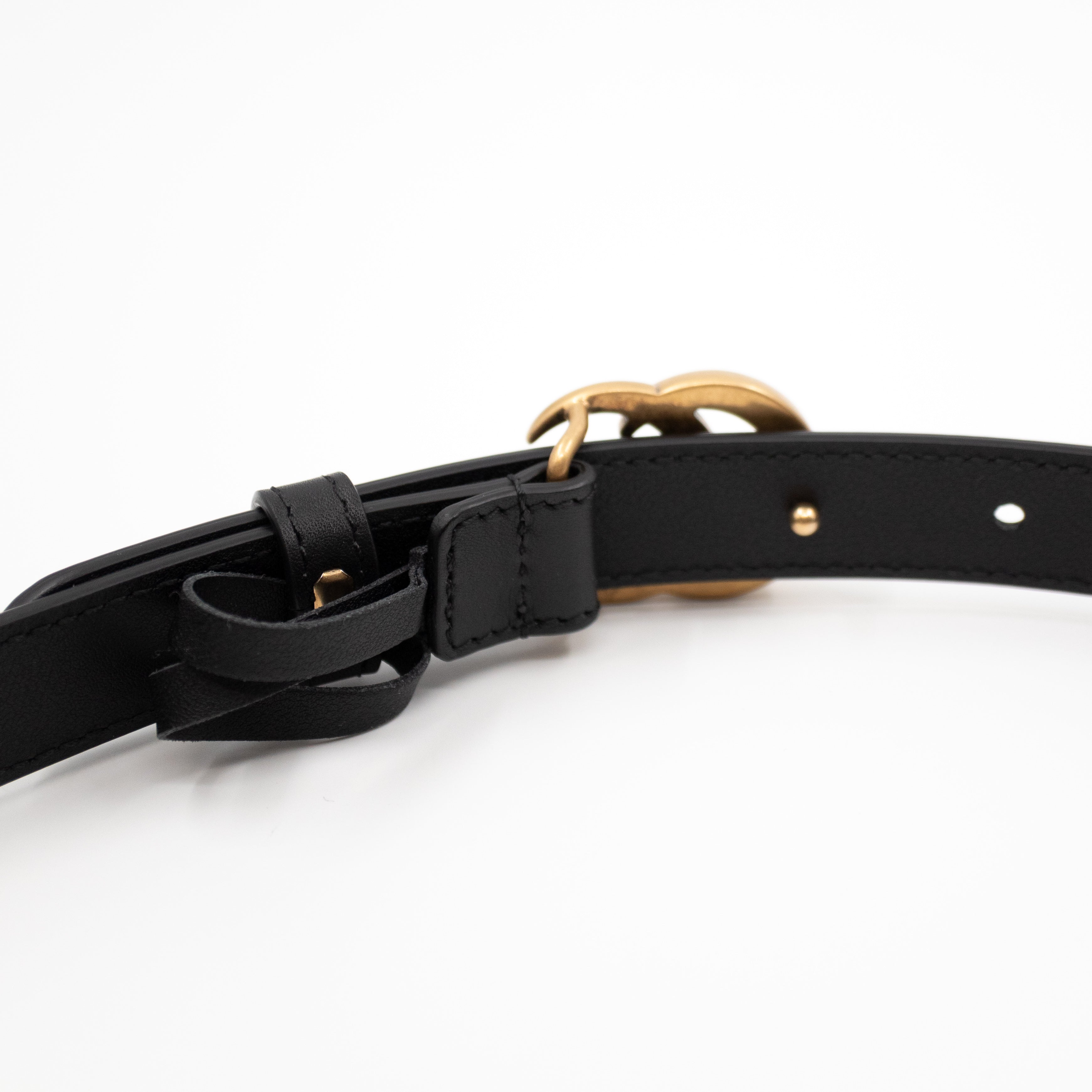 Double G Buckle Black Leather Slim Belt 90 cm