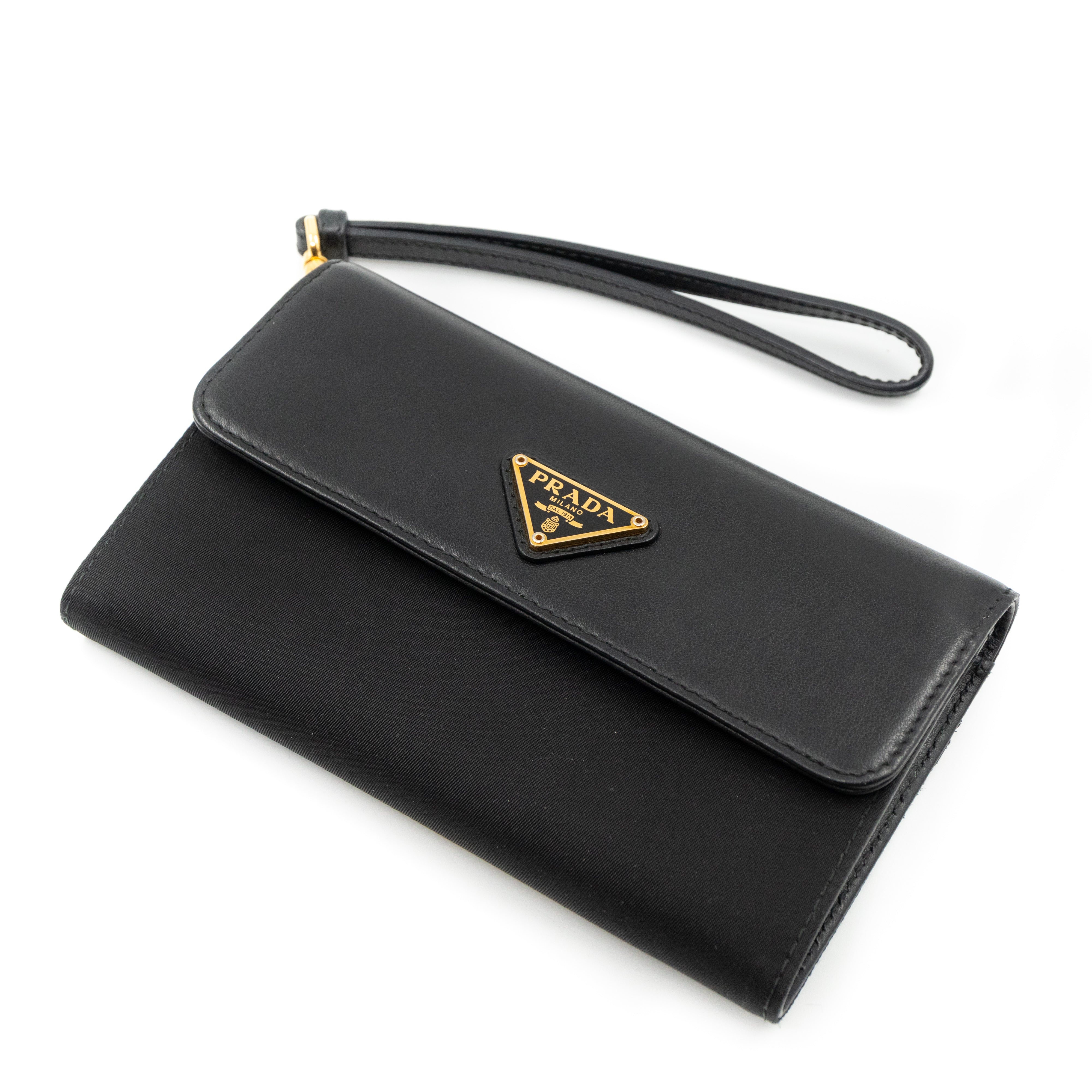 Leather Flap Nylon Wristlet Wallet Black