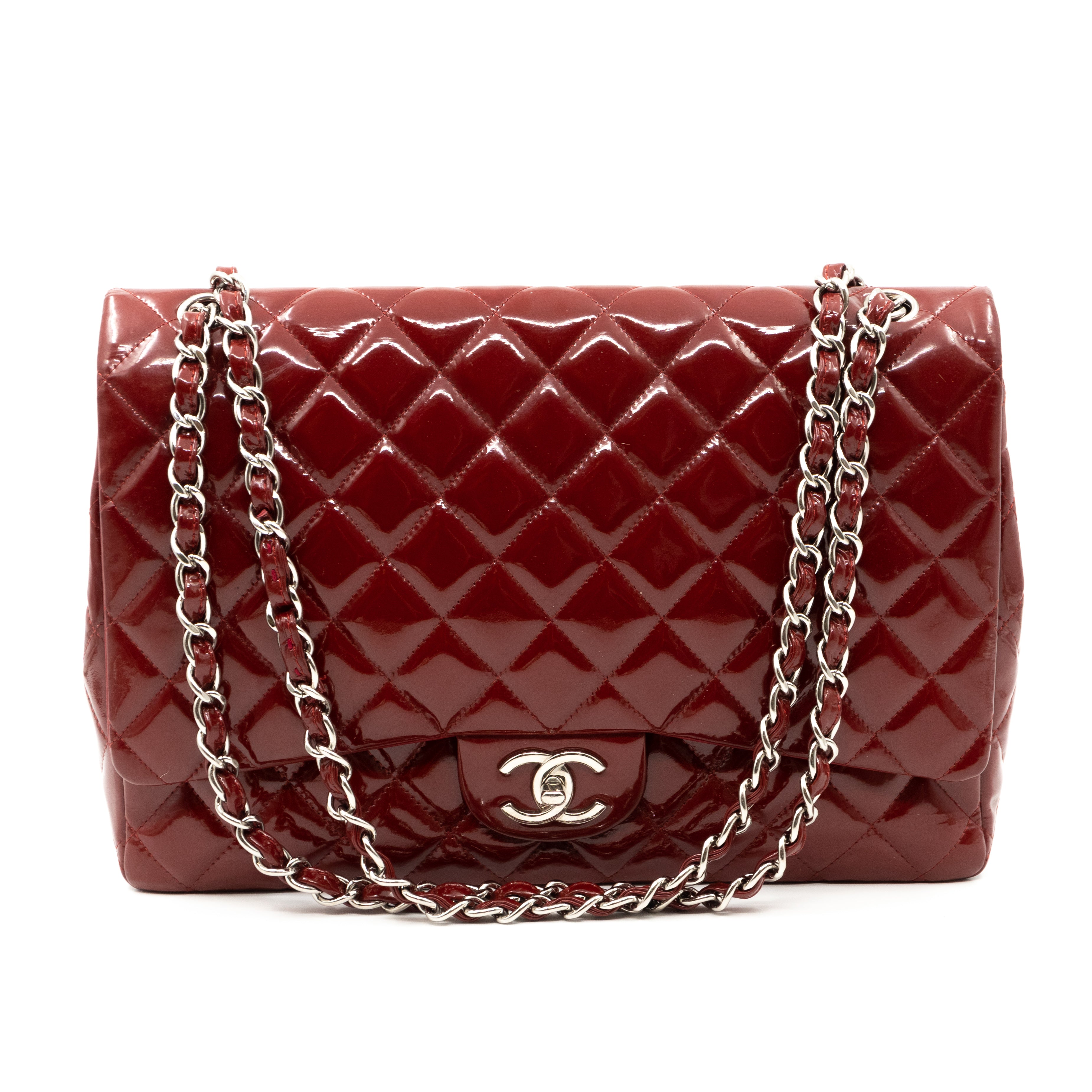 Classic Double Flap Maxi Red Patent Silver