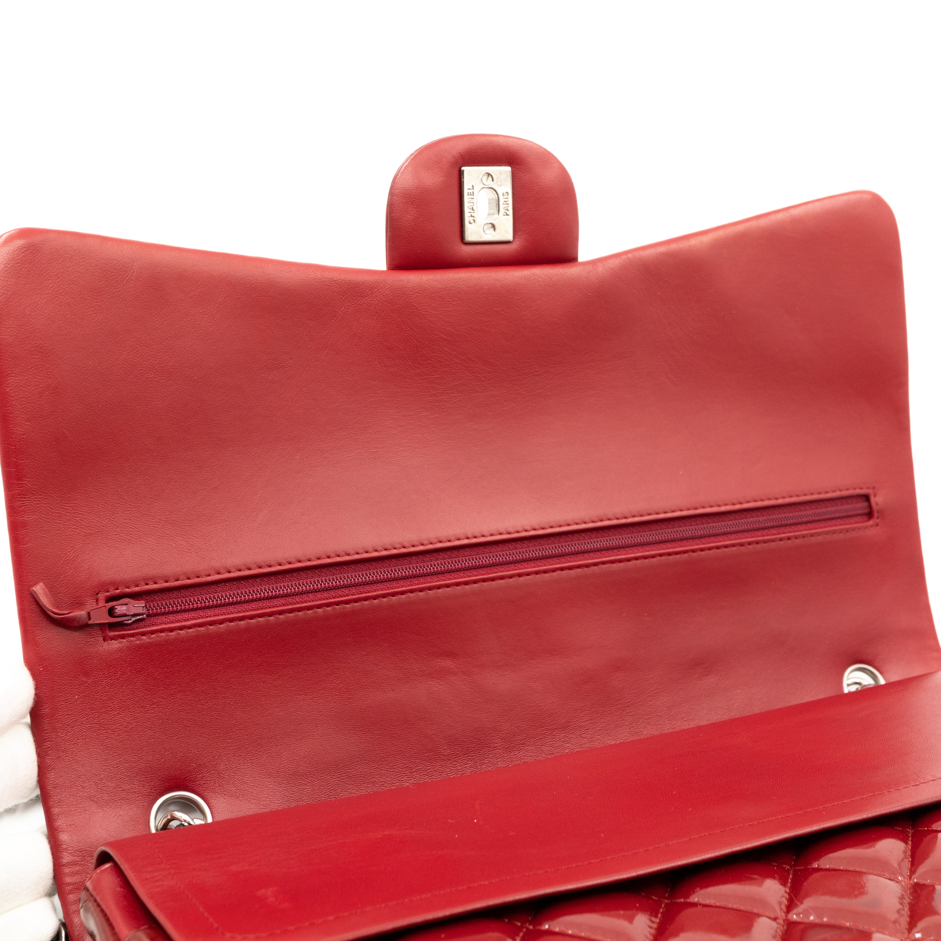 Classic Double Flap Maxi Red Patent Silver