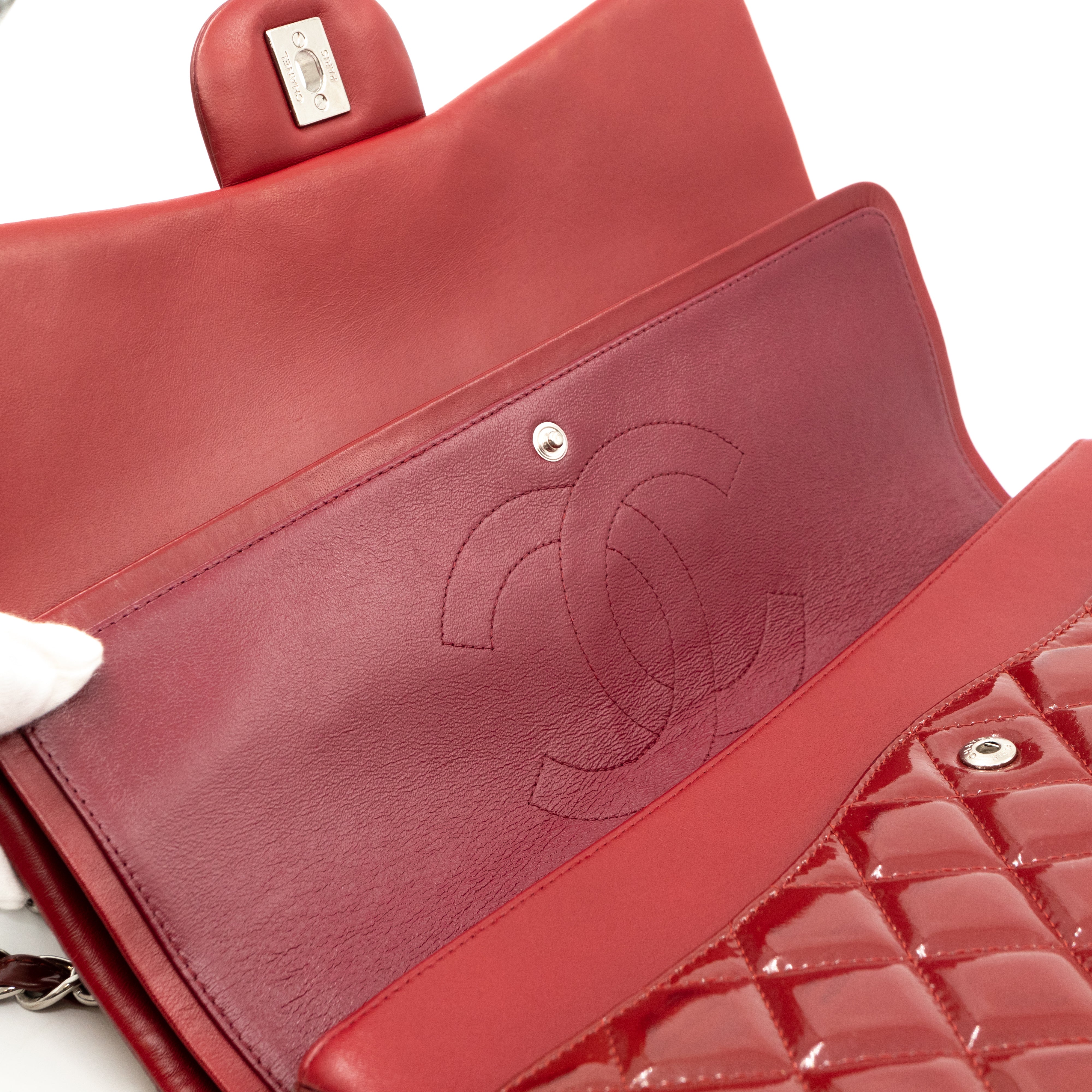 Classic Double Flap Maxi Red Patent Silver