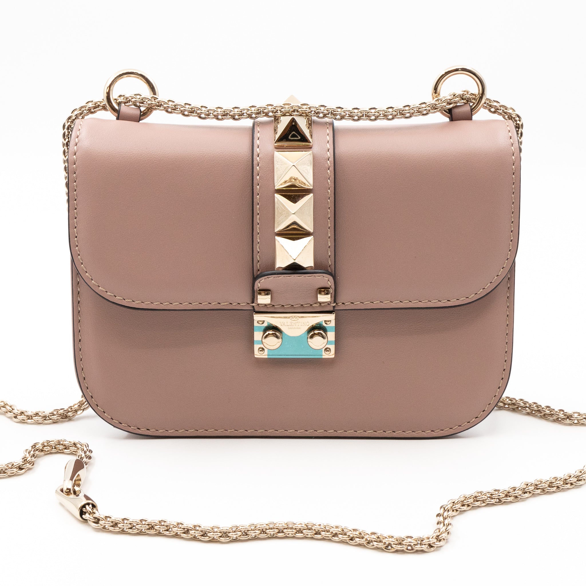 Small Glam Lock Rockstud Flap Bag Nude