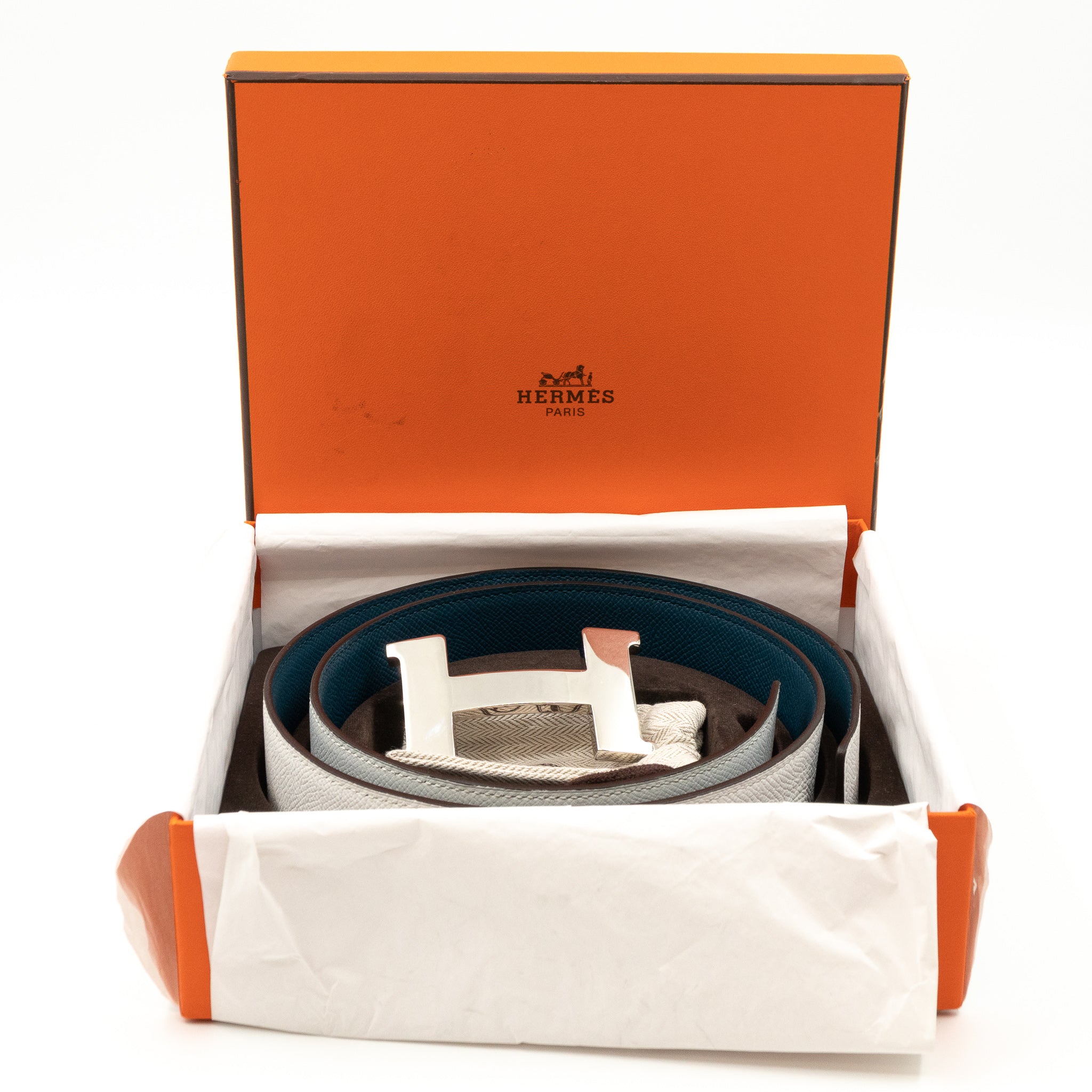 H Buckle Reversible Leather Belt 85 White & Blue
