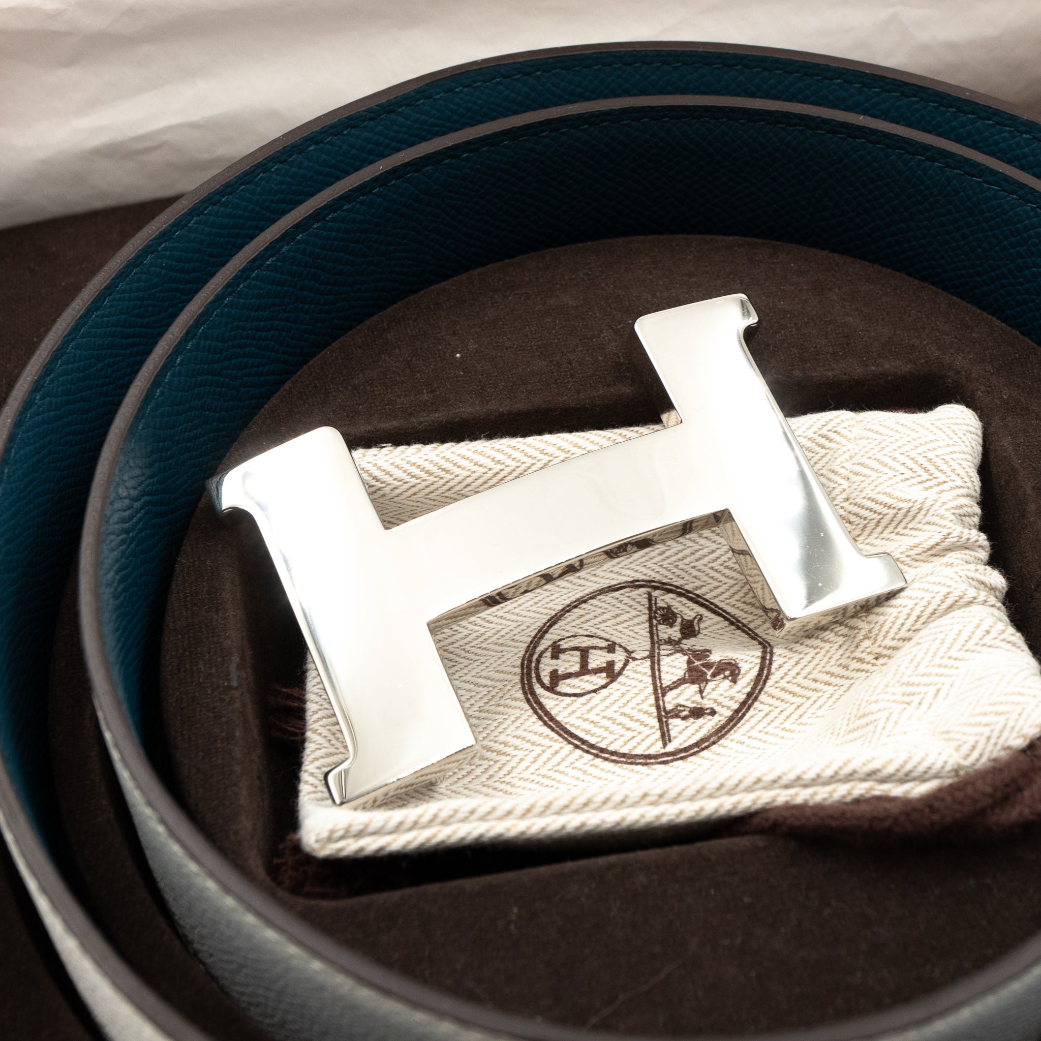 H Buckle Reversible Leather Belt 85 White & Blue