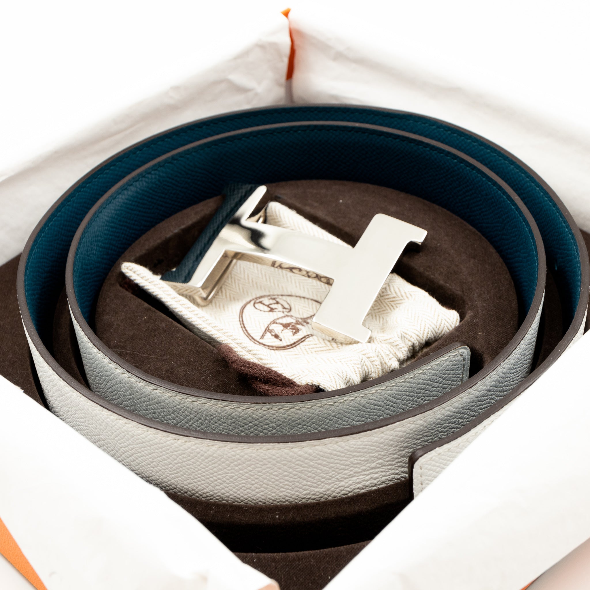 H Buckle Reversible Leather Belt 85 White & Blue