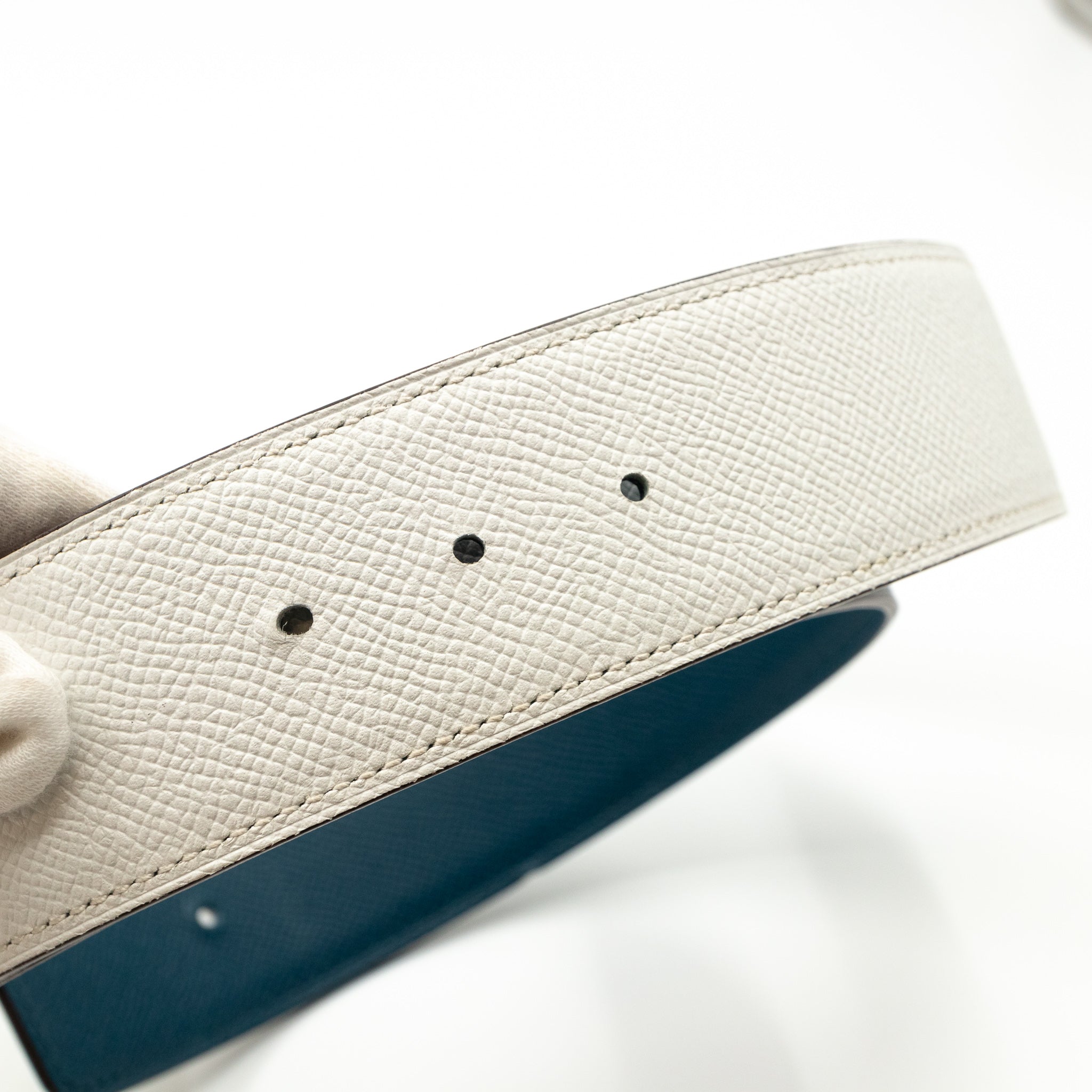 H Buckle Reversible Leather Belt 85 White & Blue