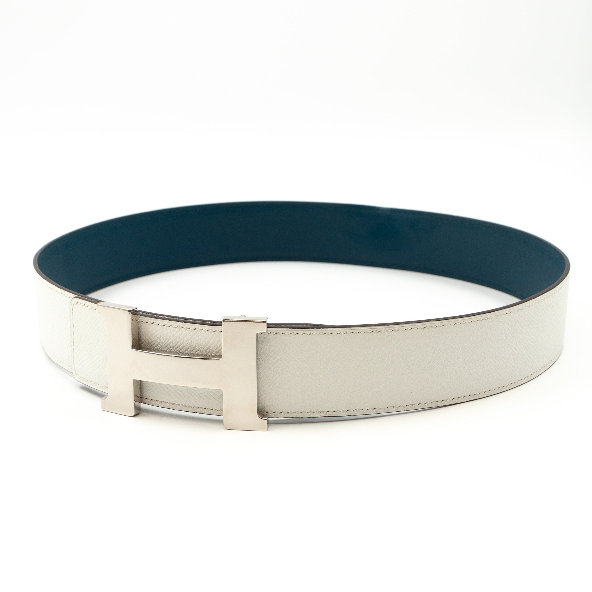 H Buckle Reversible Leather Belt 85 White & Blue