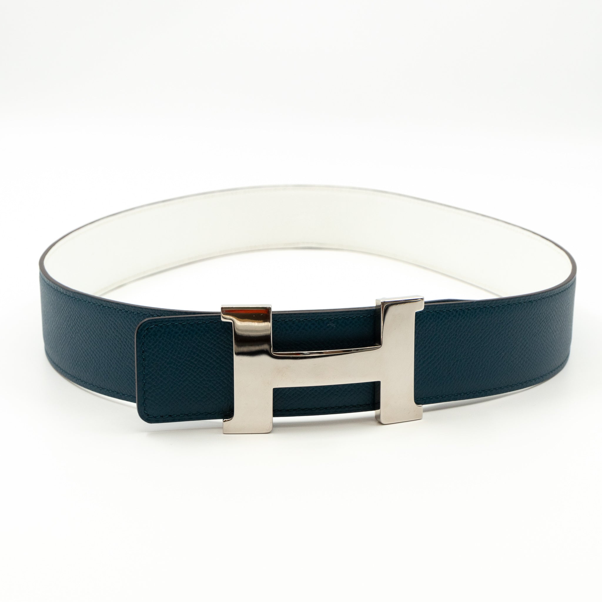 H Buckle Reversible Leather Belt 85 White & Blue