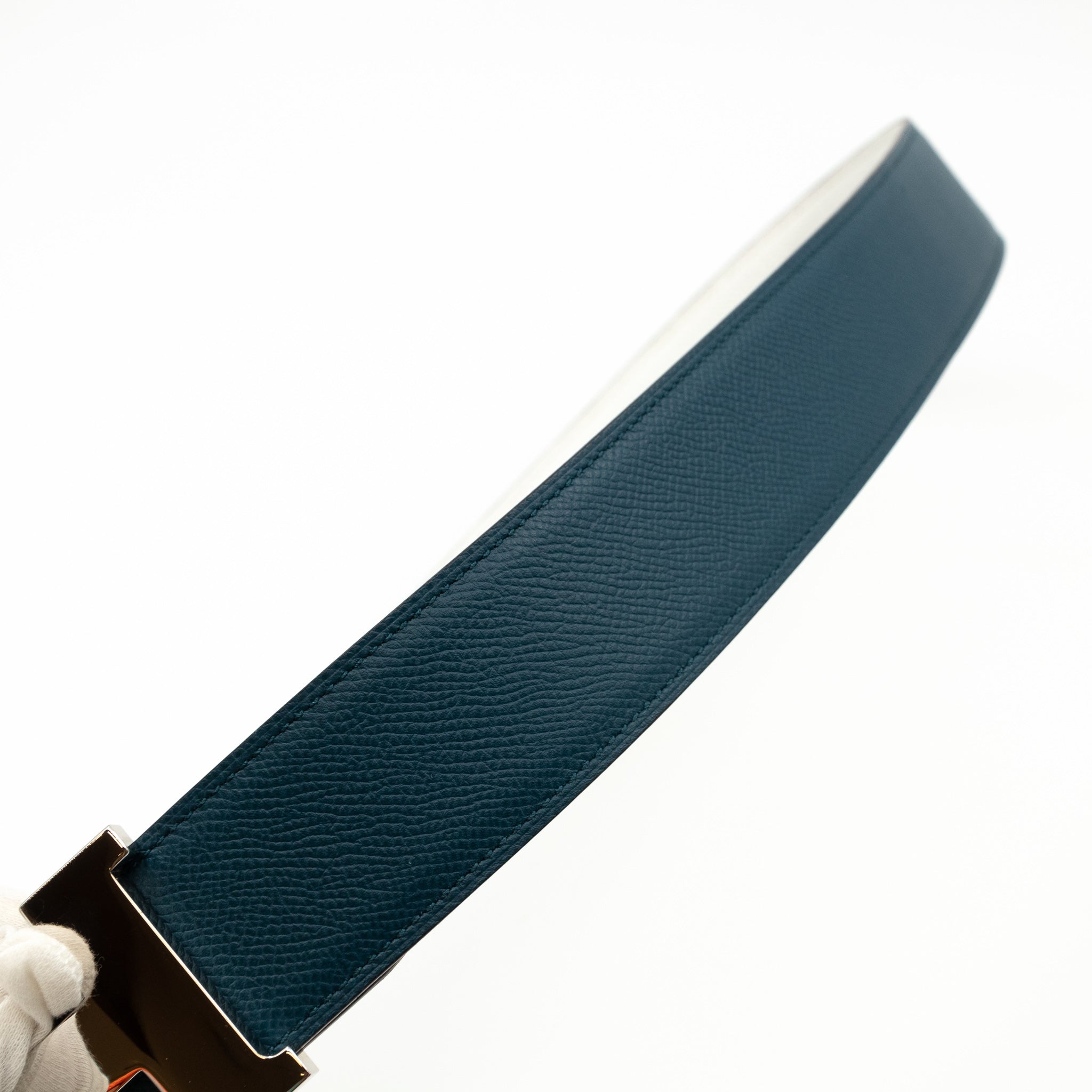 H Buckle Reversible Leather Belt 85 White & Blue