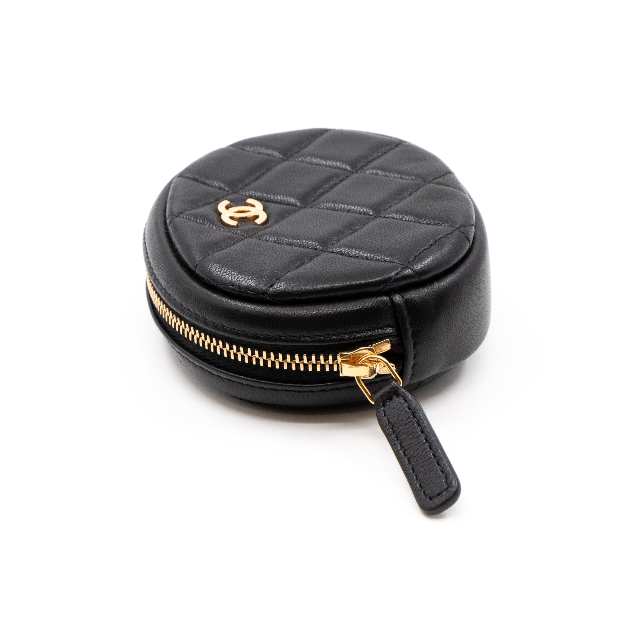 Zip Around Round Coin Purse Black Leather
