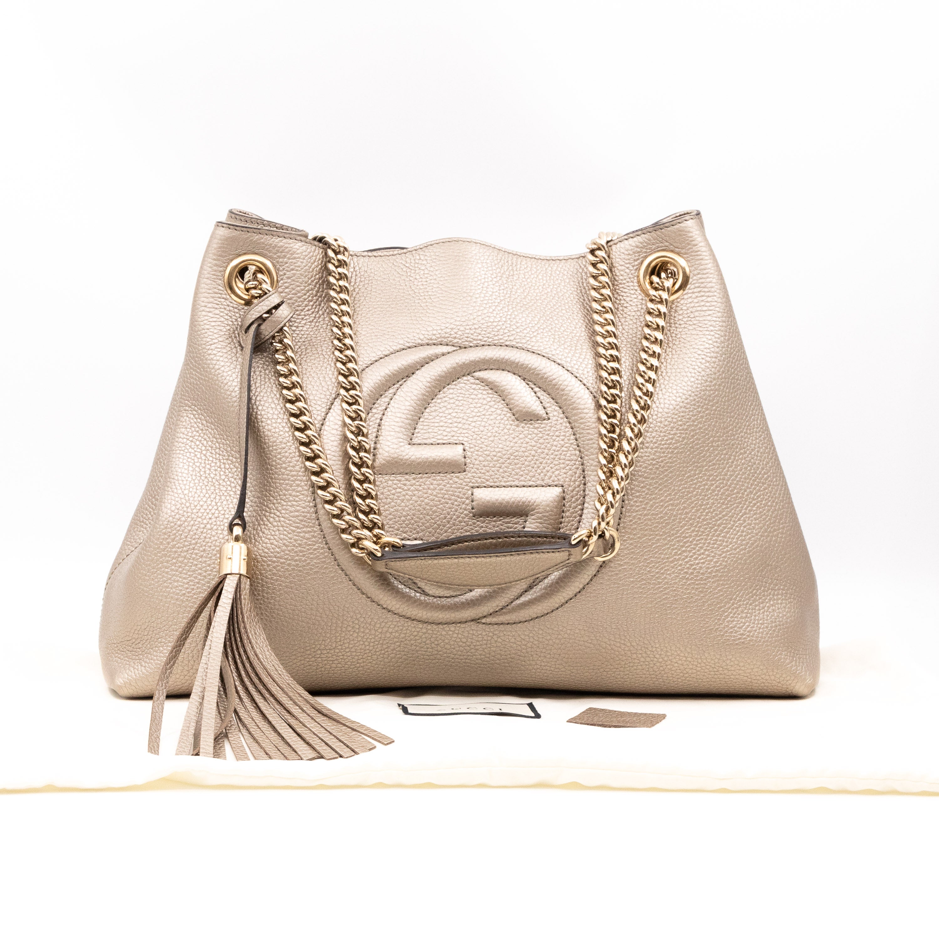 Soho Tassel Chain Tote Metallic Champagne Leather