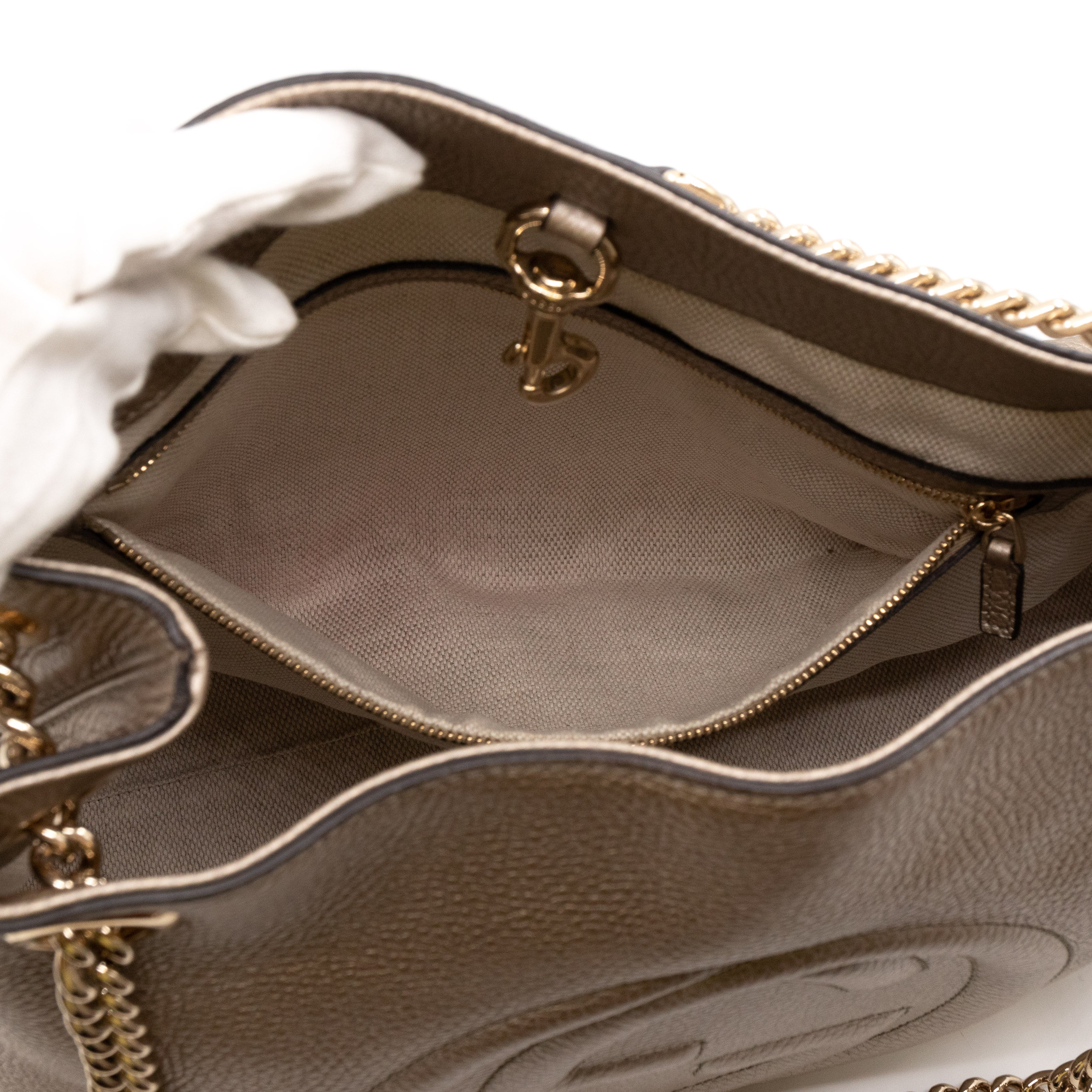 Soho Tassel Chain Tote Metallic Champagne Leather