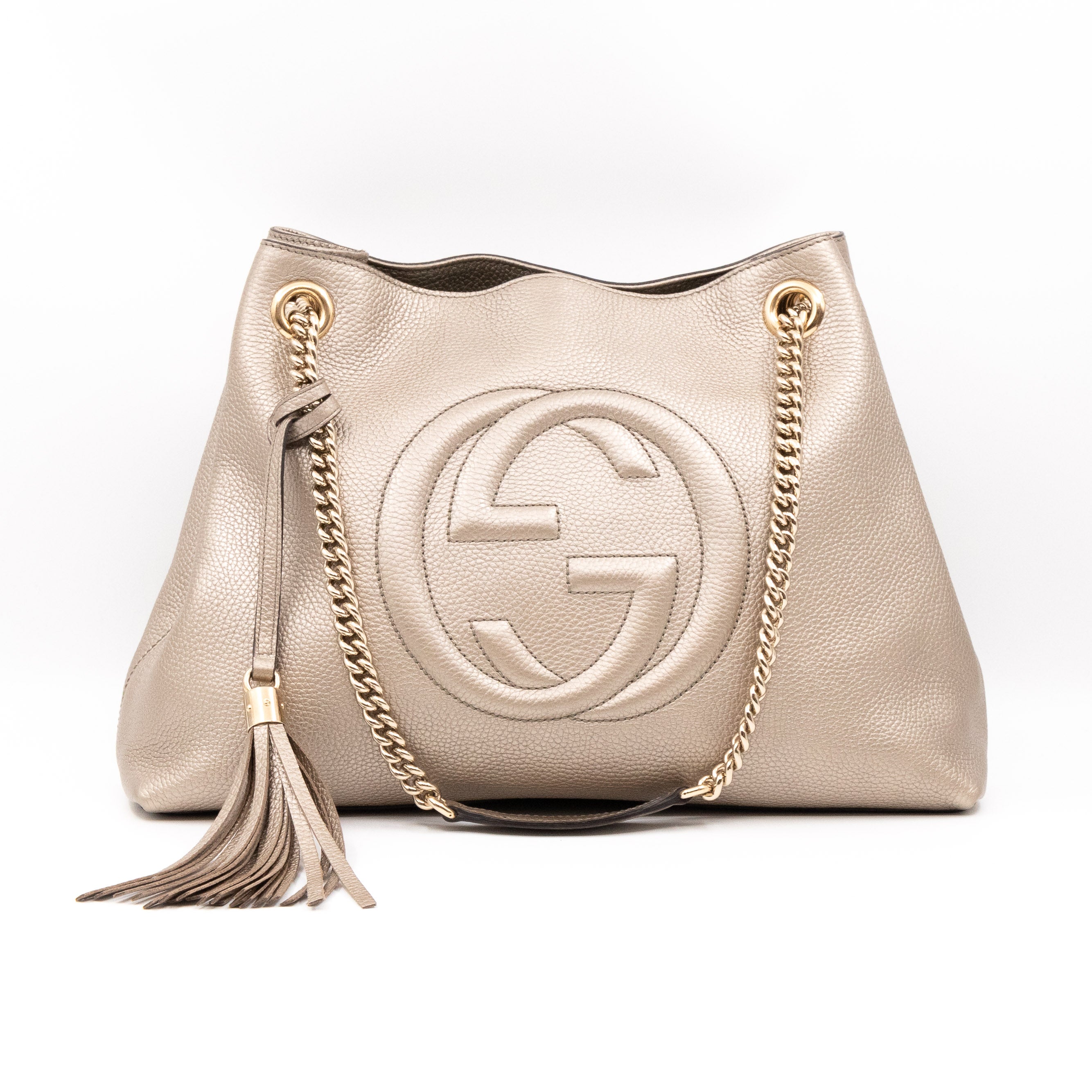 Soho Tassel Chain Tote Metallic Champagne Leather