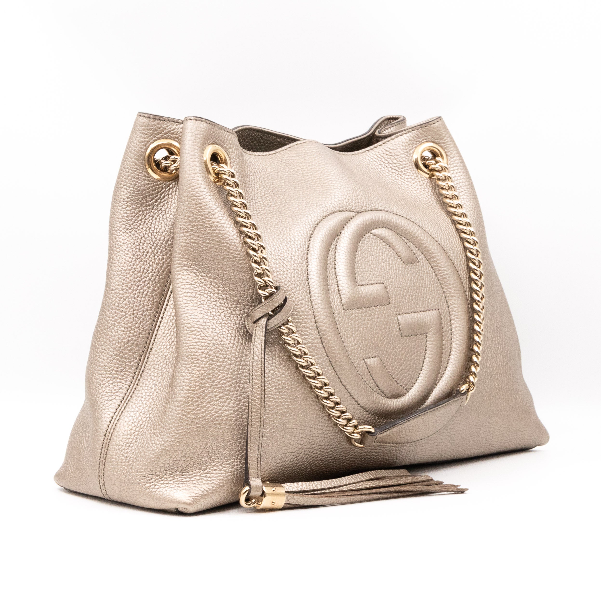 Soho Tassel Chain Tote Metallic Champagne Leather