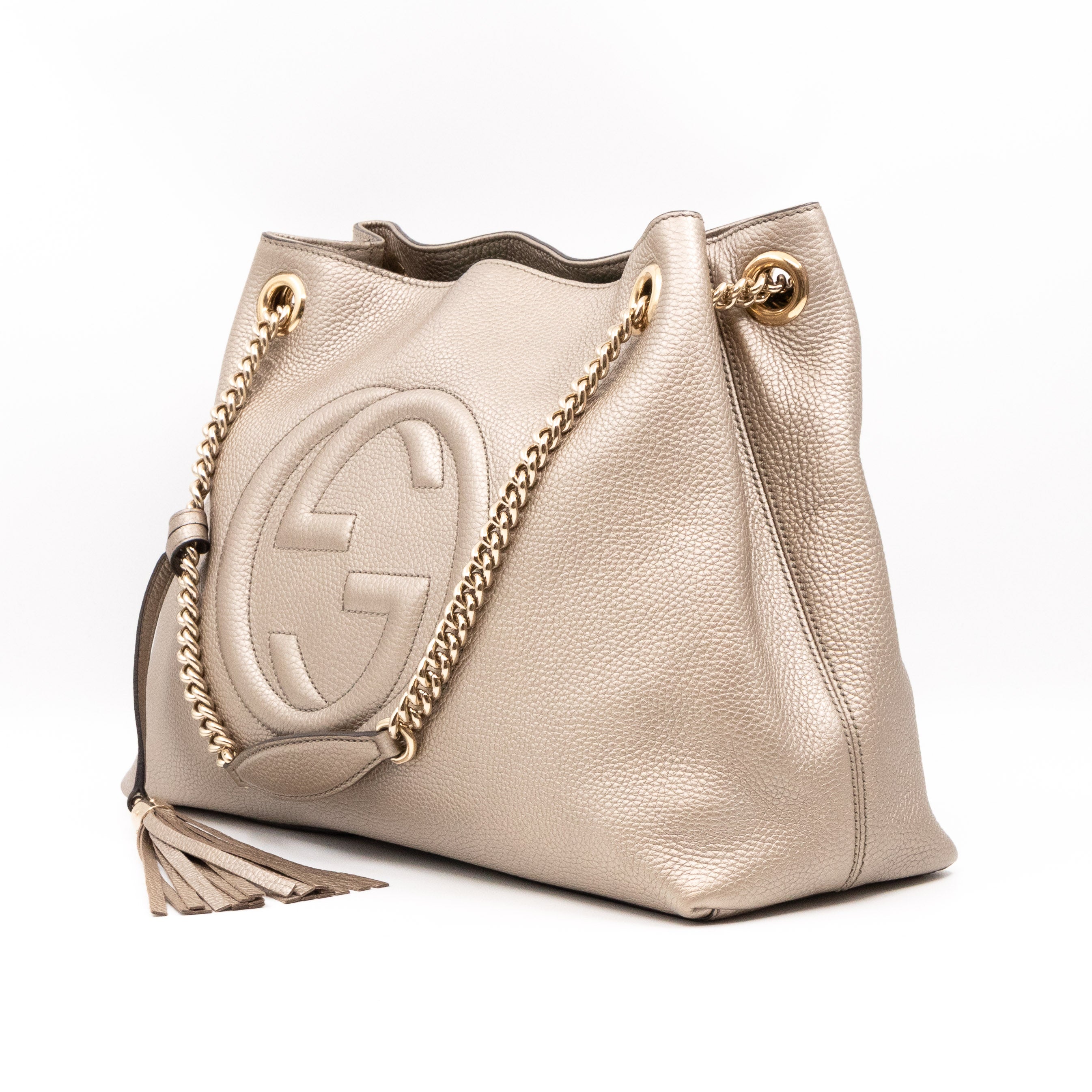 Soho Tassel Chain Tote Metallic Champagne Leather