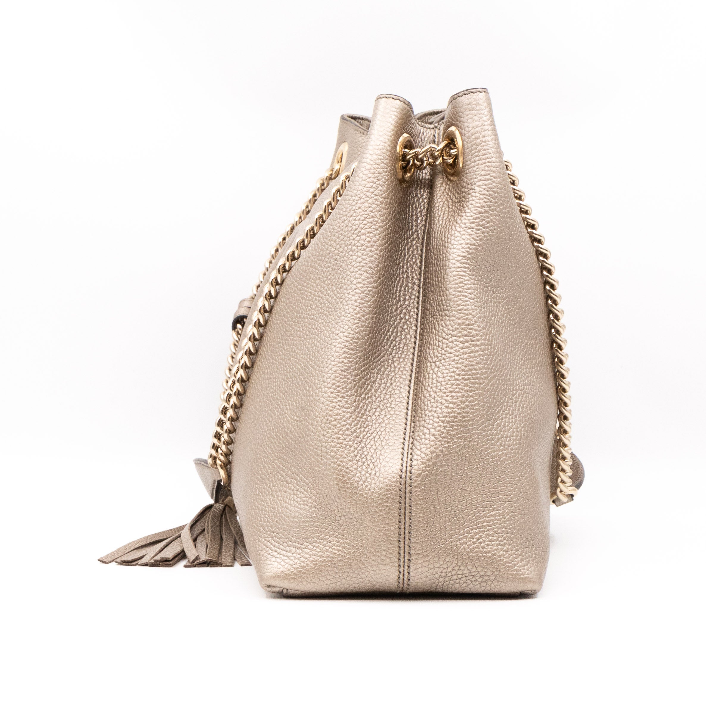 Soho Tassel Chain Tote Metallic Champagne Leather