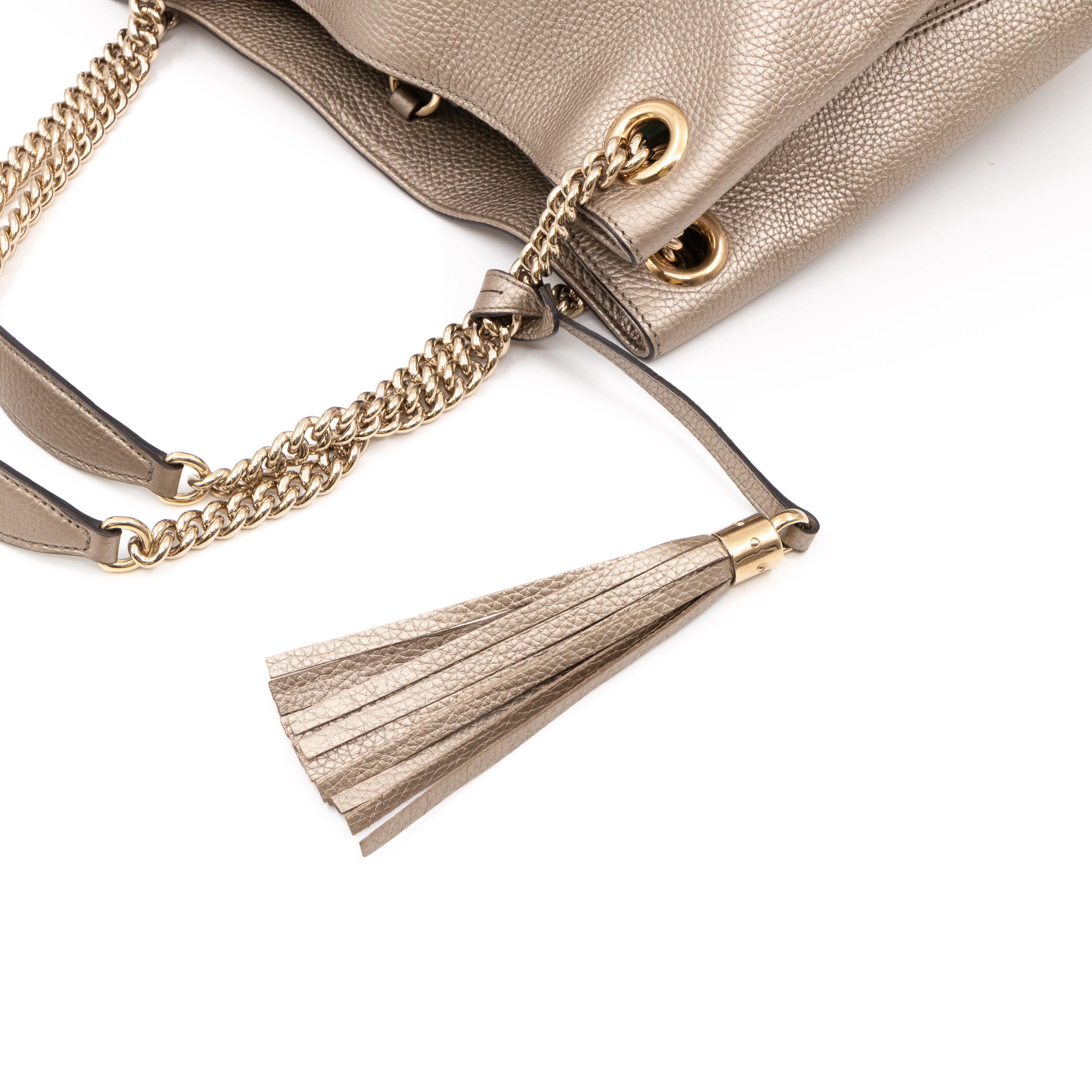 Soho Tassel Chain Tote Metallic Champagne Leather