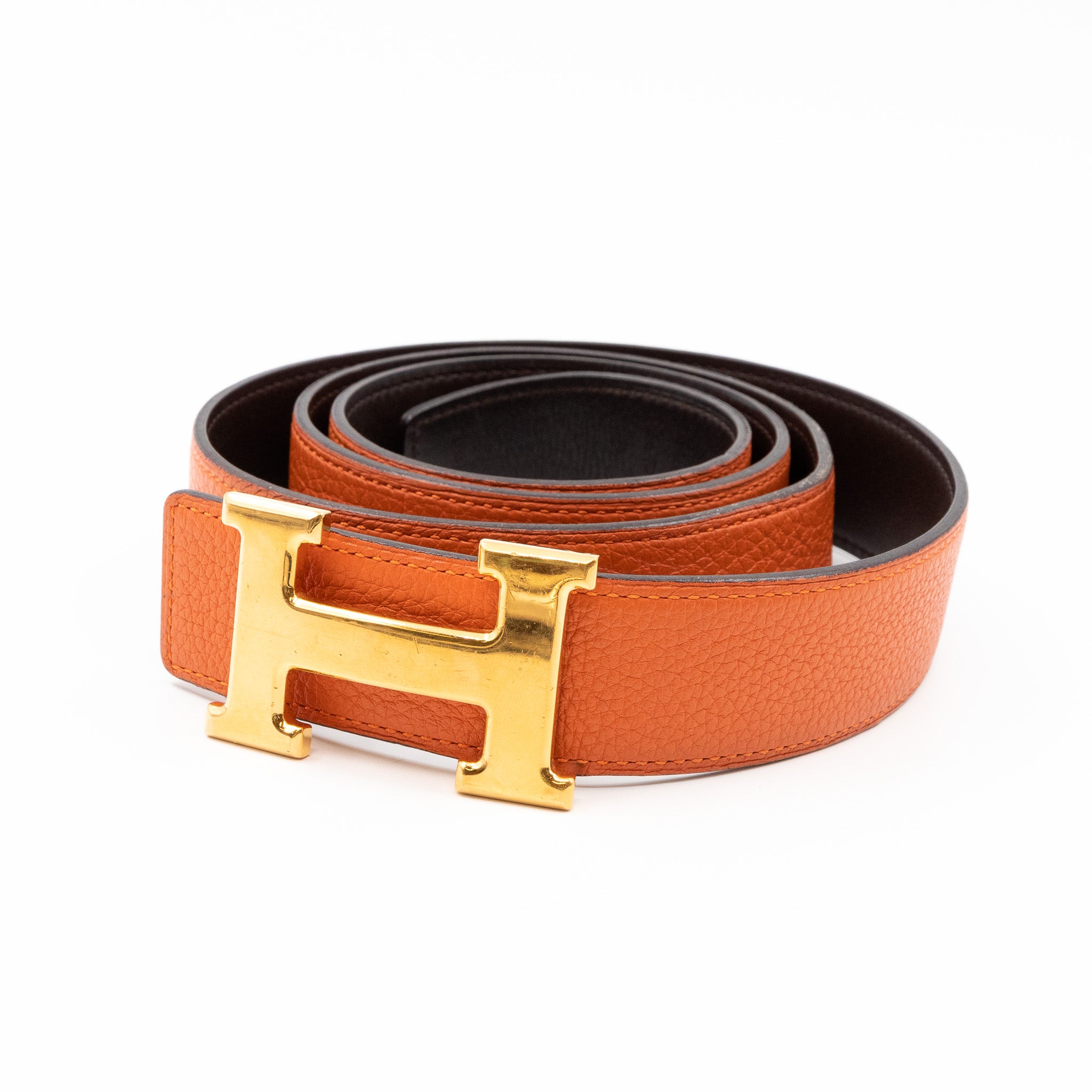 H Buckle Reversible Belt 100 cm Orange & Brown Leather