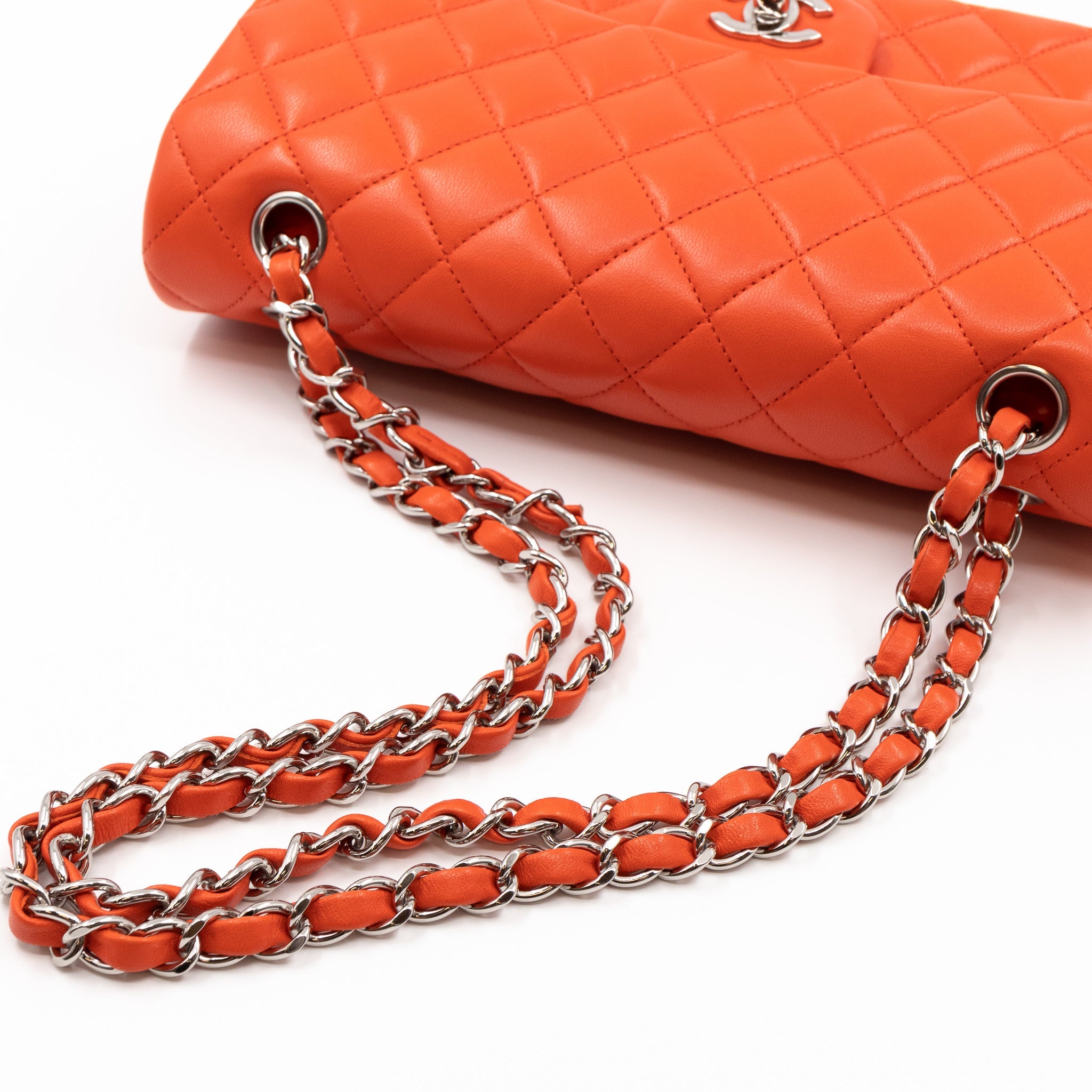 Classic Double Flap Bag Medium Orange Red Leather Silver