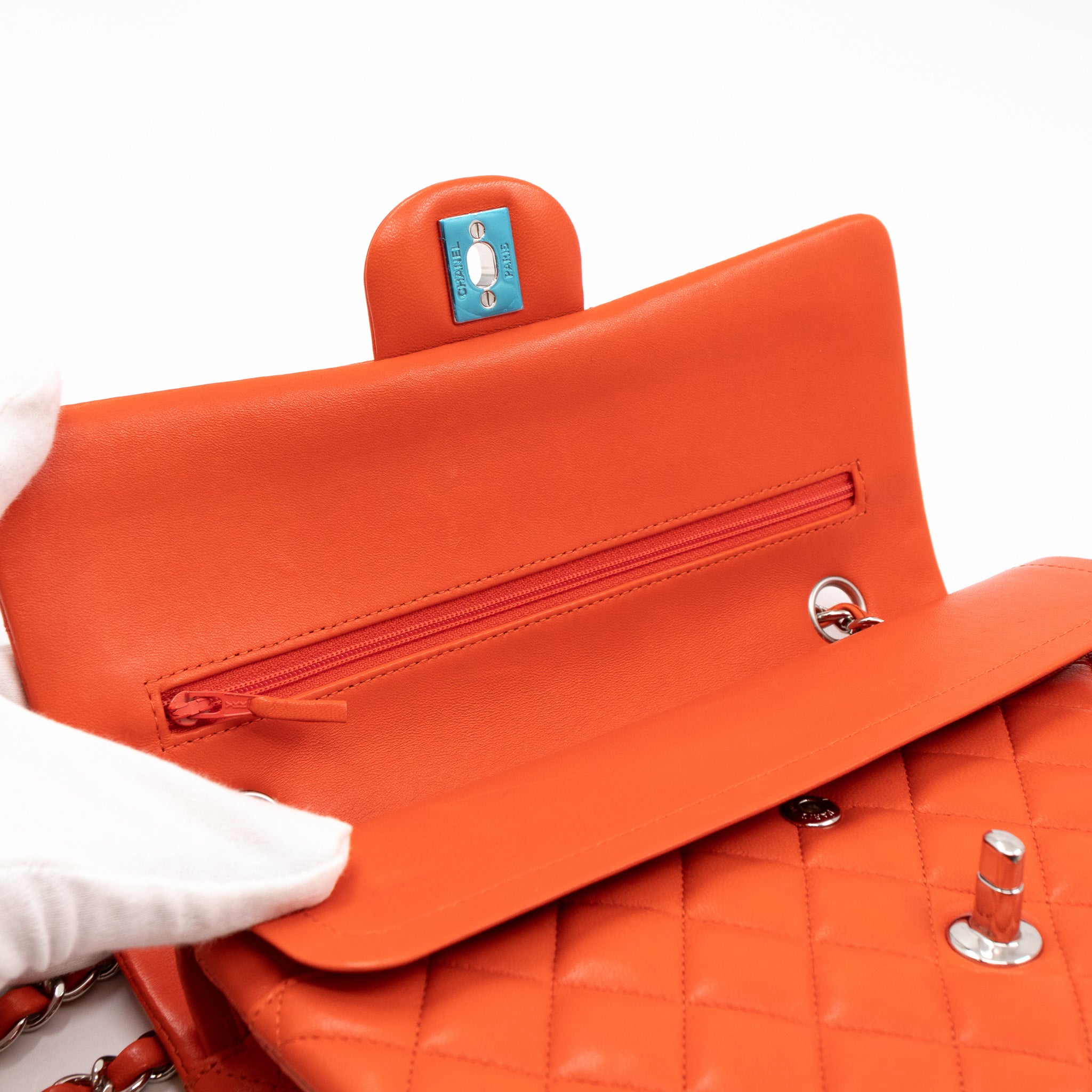 Classic Double Flap Bag Medium Orange Red Leather Silver