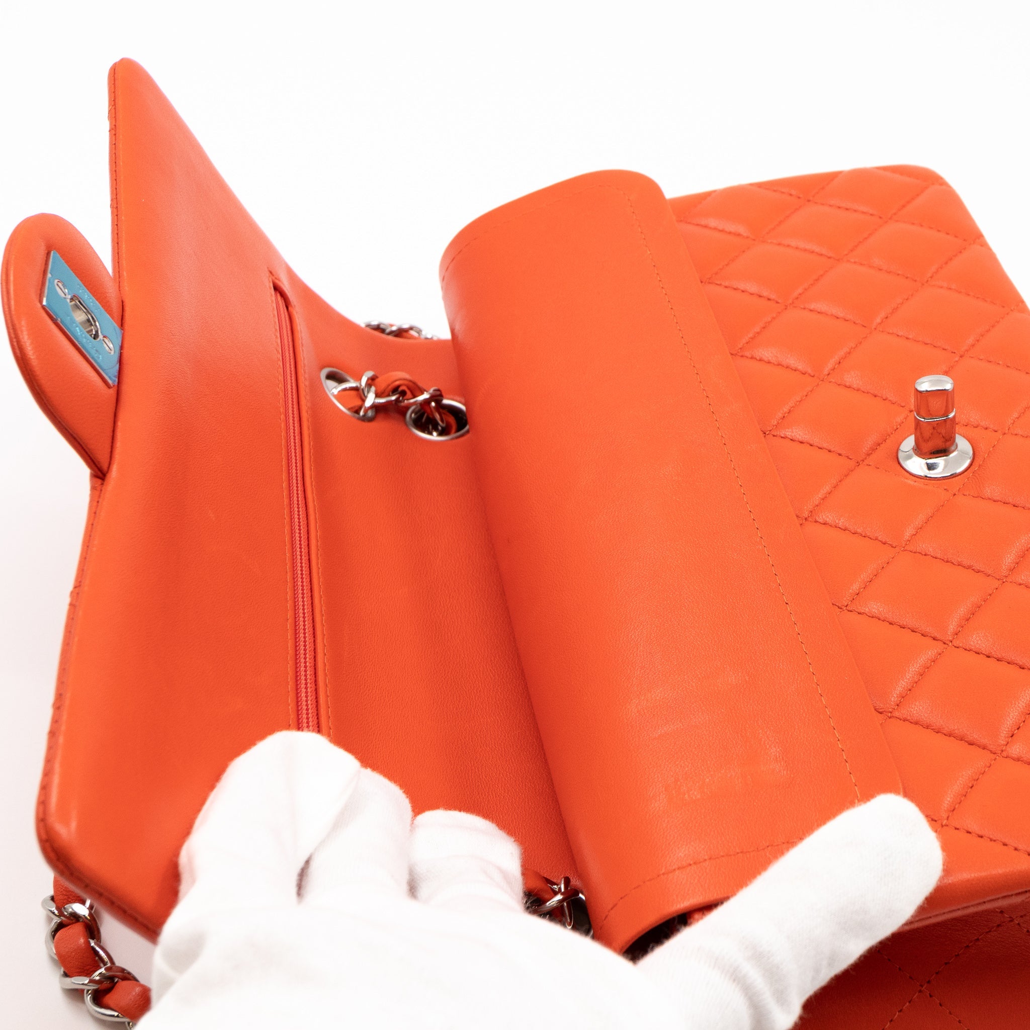 Classic Double Flap Bag Medium Orange Red Leather Silver